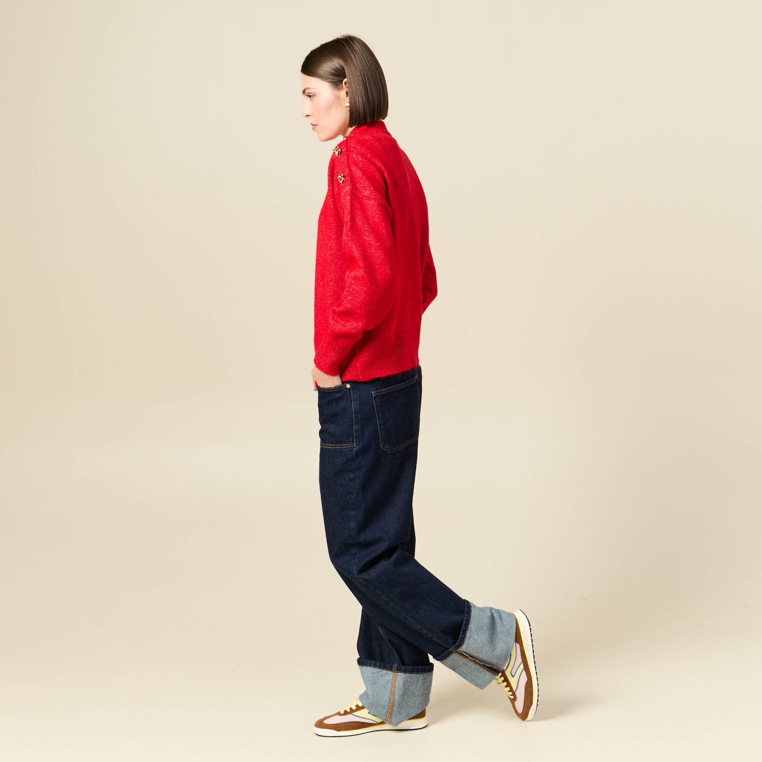 Pull col montant manches longues rouge femme