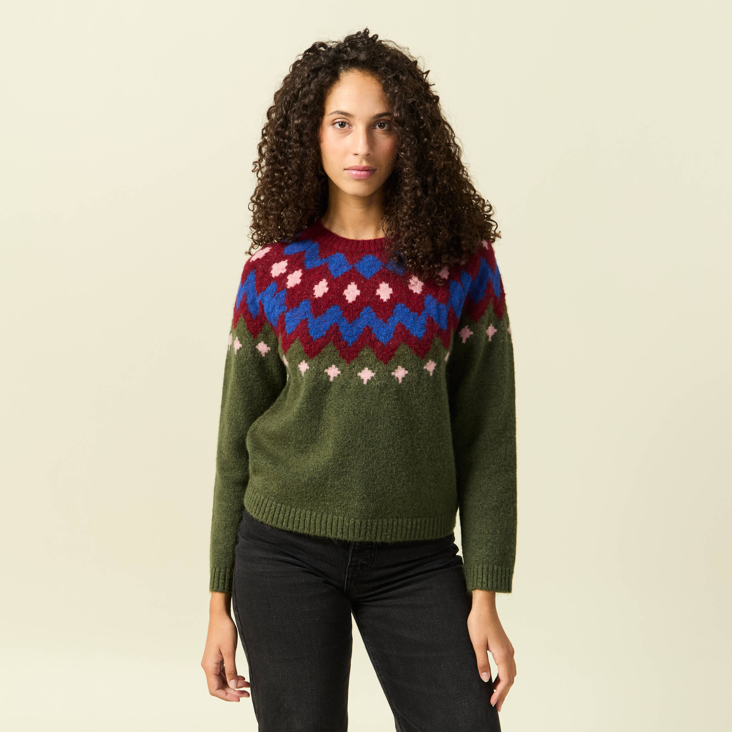 Pull col rond manches longues vert kaki femme