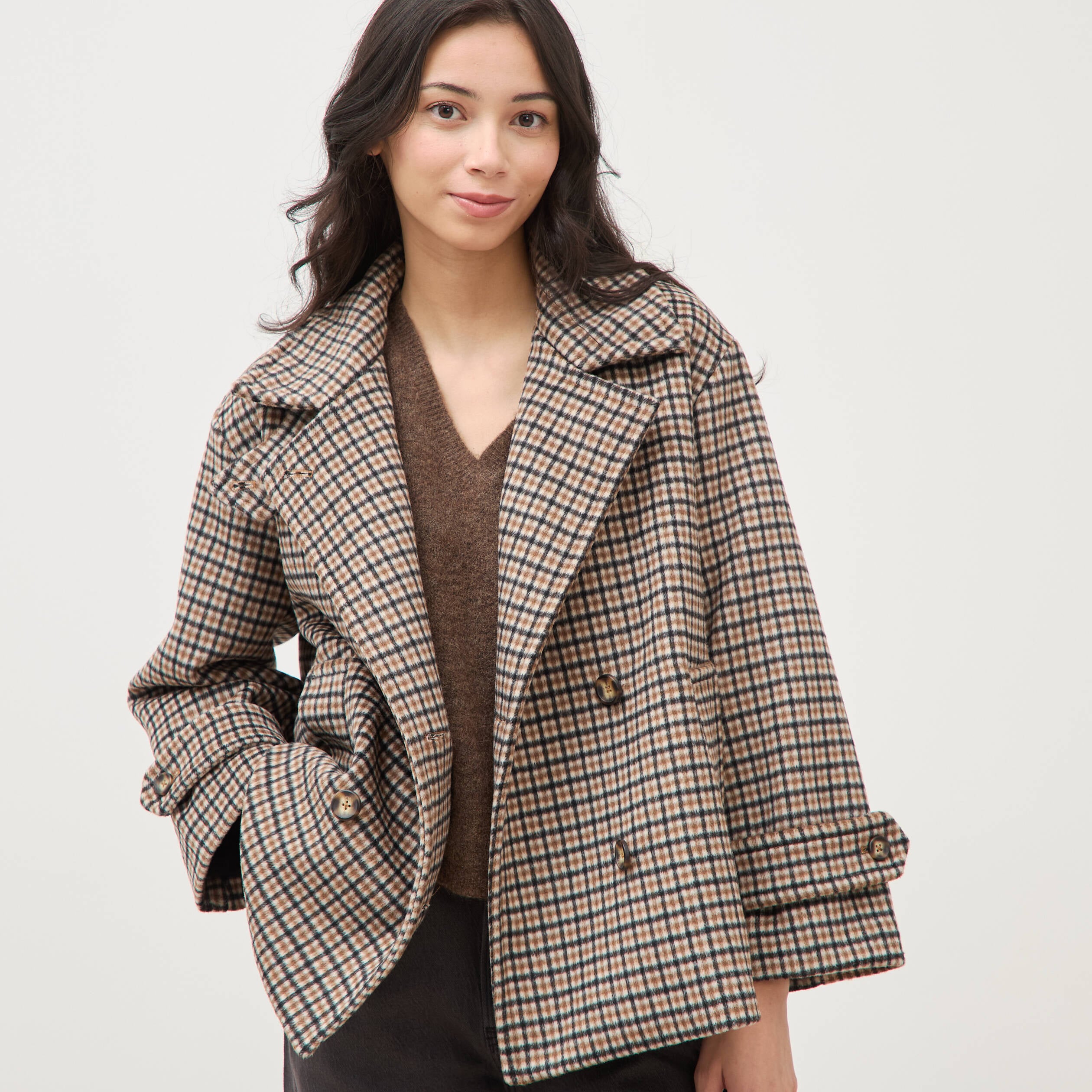 Caban oversize court col tailleur marron femme