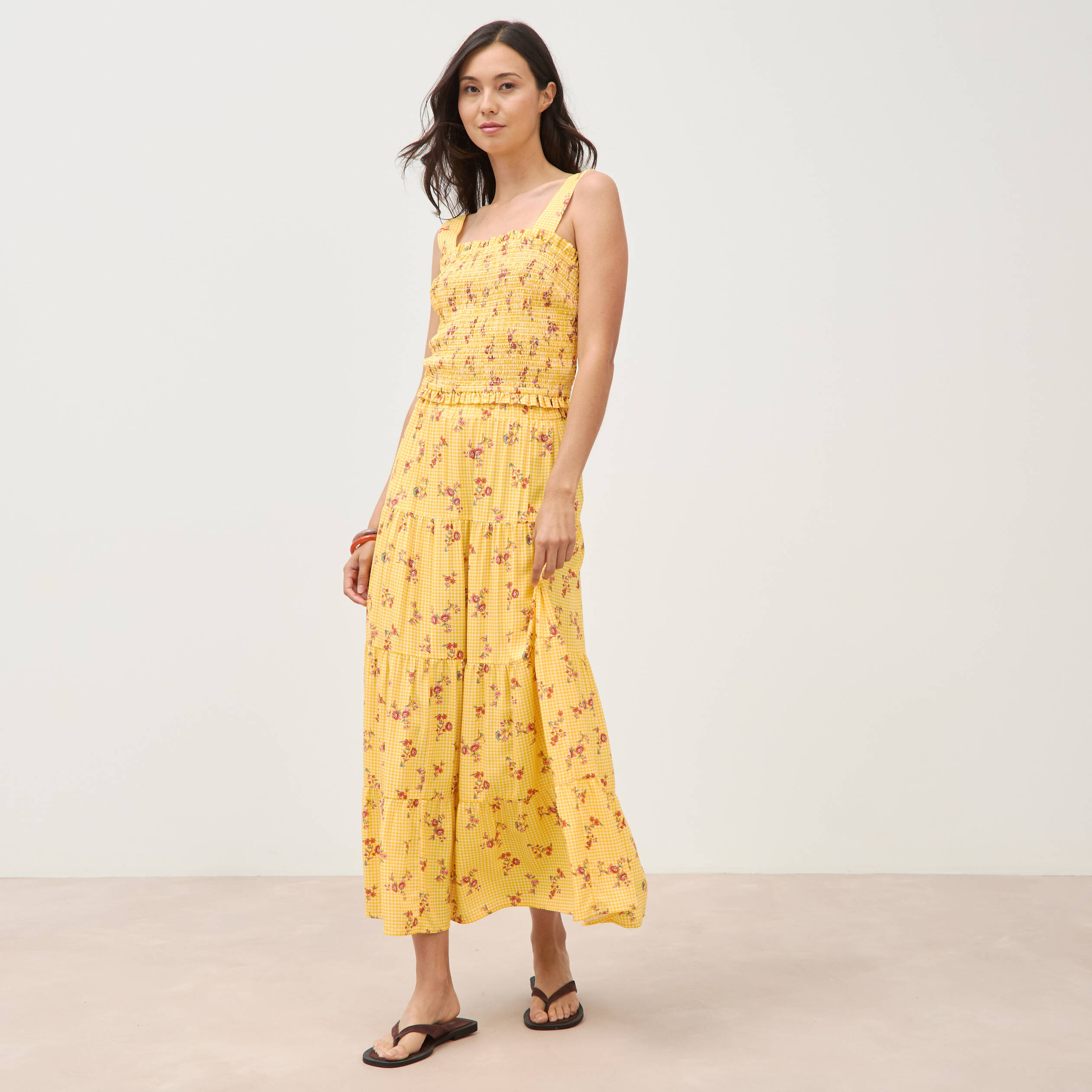 Top droit court &agrave; bretelles col carr&eacute; jaune femme