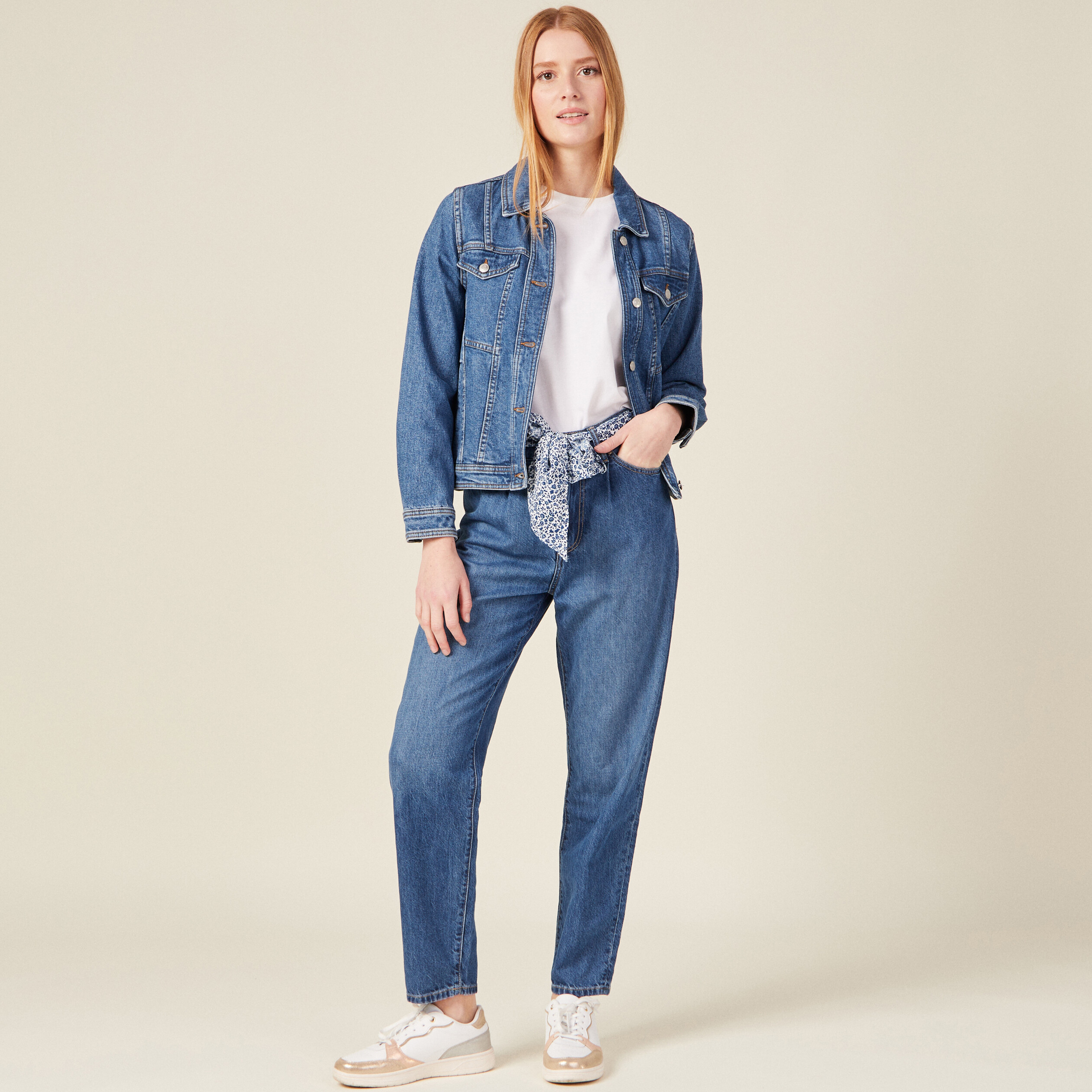 Jeans slouchy ceinture foulard denim stone femme