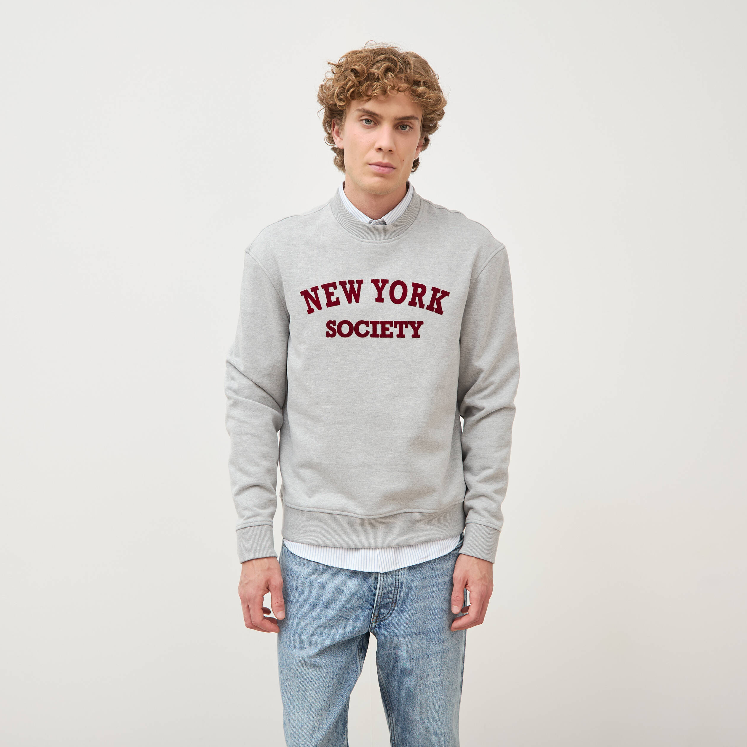 Sweat droit col rond manches longues gris clair homme