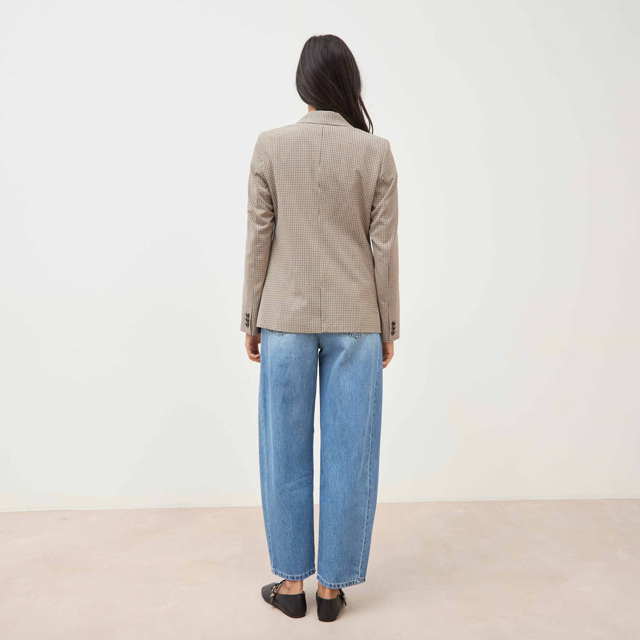Blazer &agrave; carreaux col tailleur gris femme