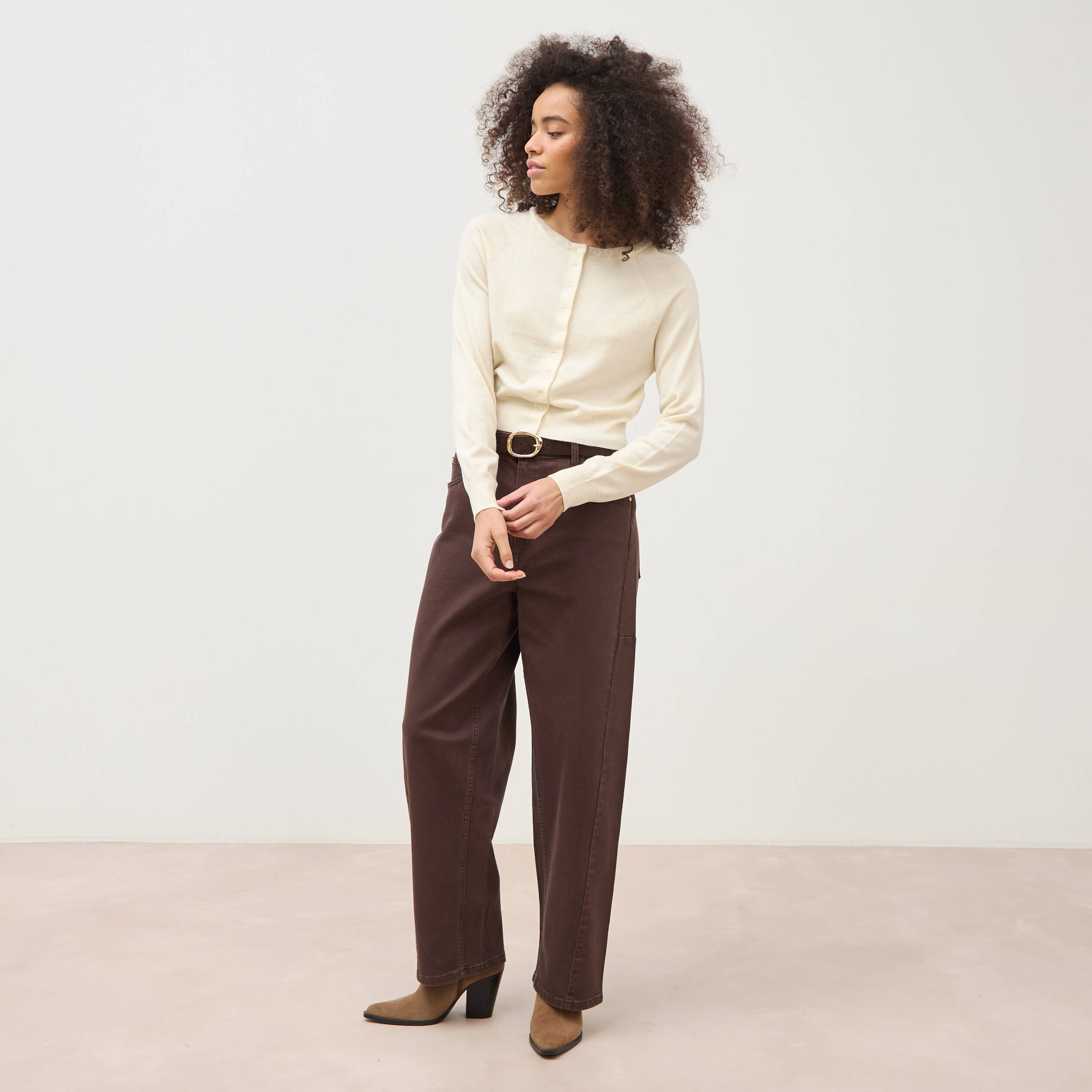 Gilet droit cropped manches longues creme femme