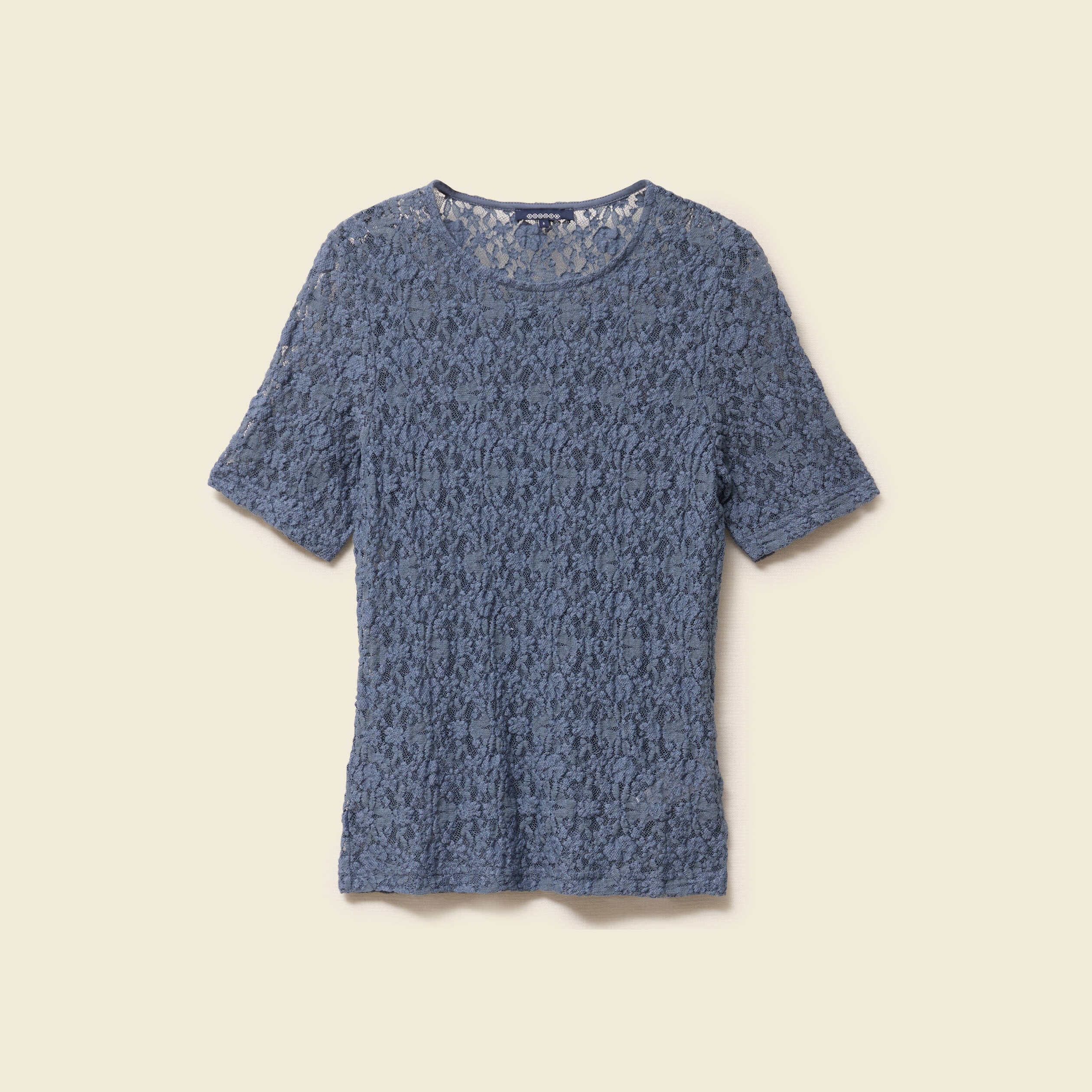 T-shirt cintr&eacute; col rond dentelle bleu gris femme