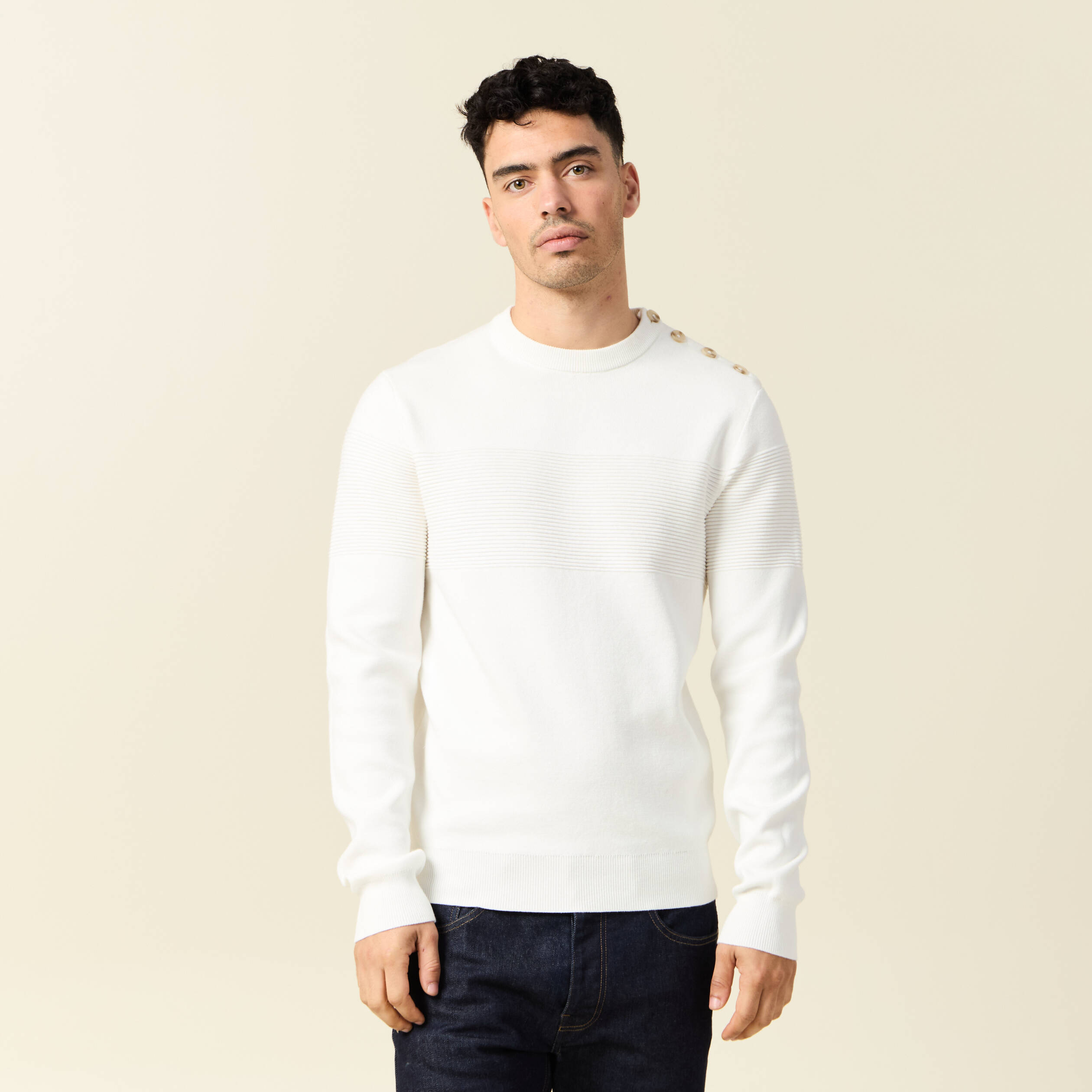 Pull manches longues col rond ecru homme