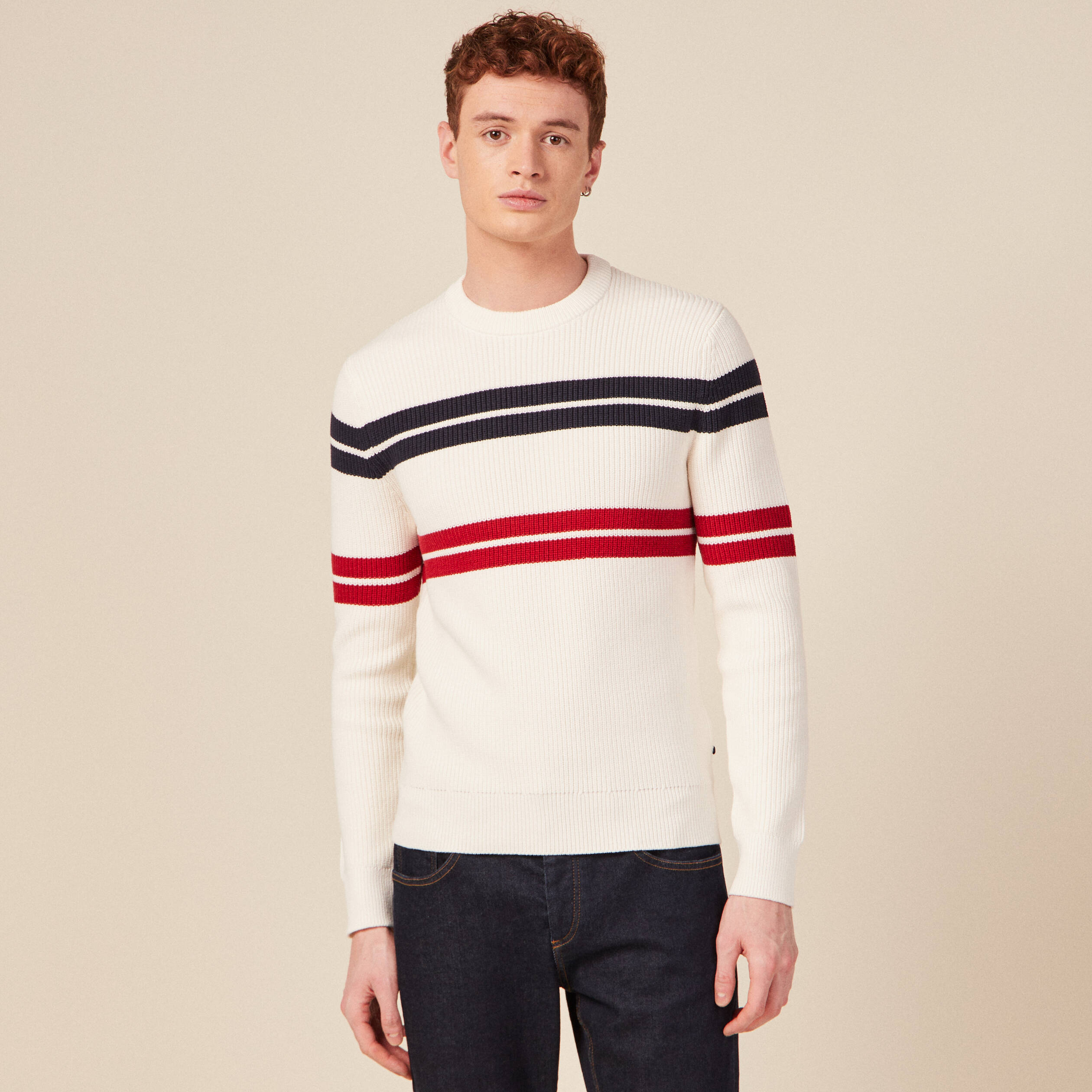 Pull fin ray&eacute; col rond manches longues ecru homme
