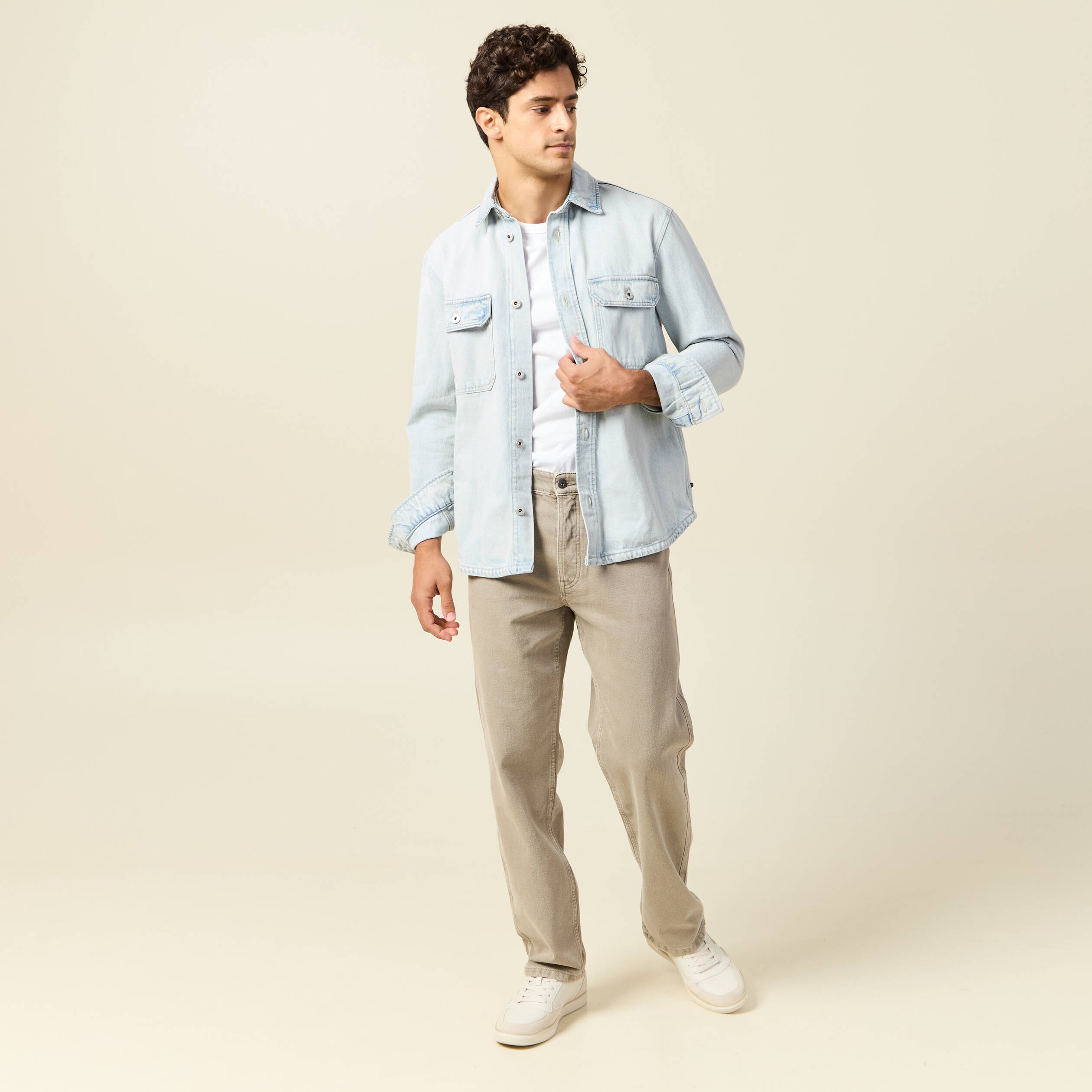 Jeans large longueur 32 en coton denim beige homme