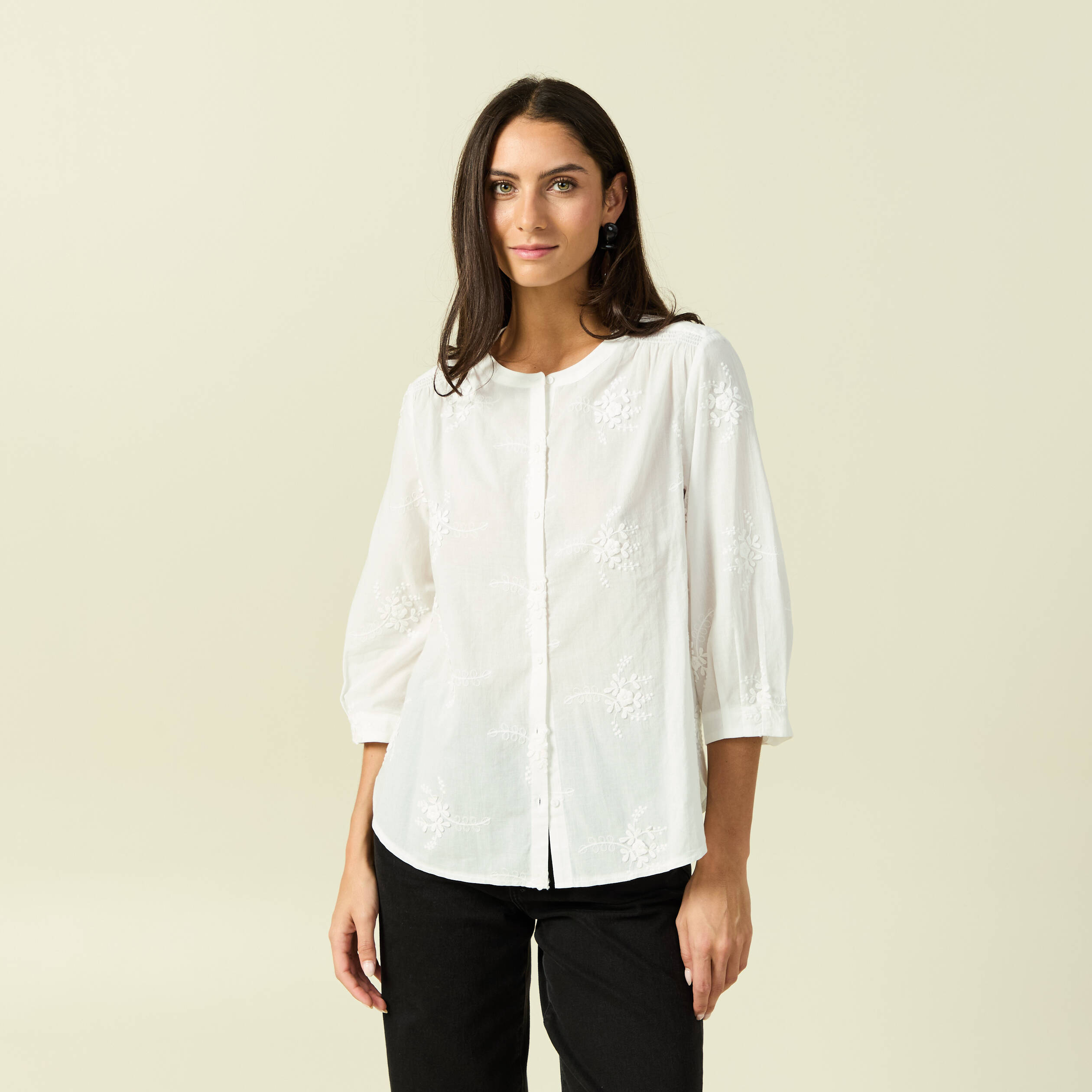 Chemise en coton manches 3/4 ecru femme
