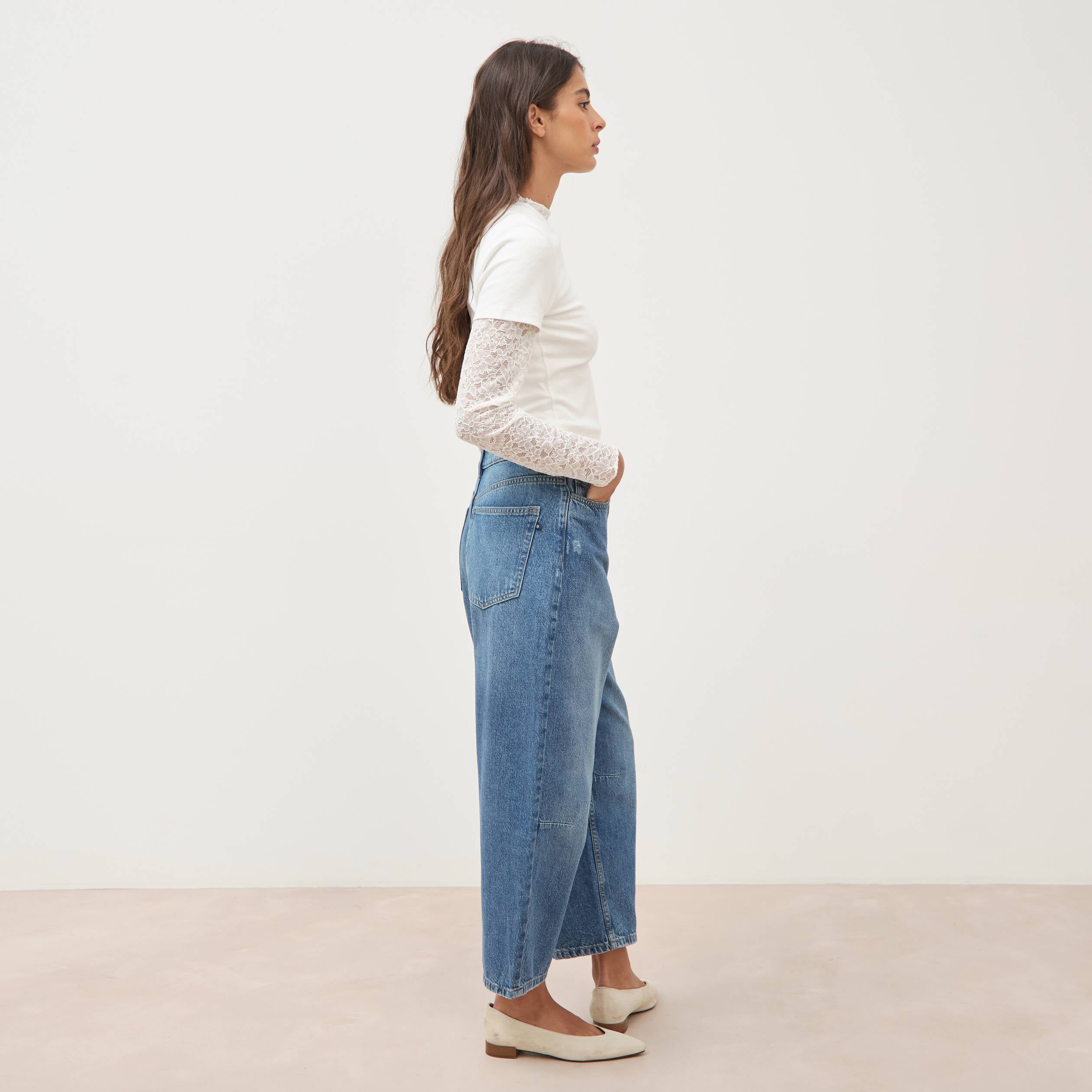 Jeans barrel 7/8&egrave;me taille standard denim used femme