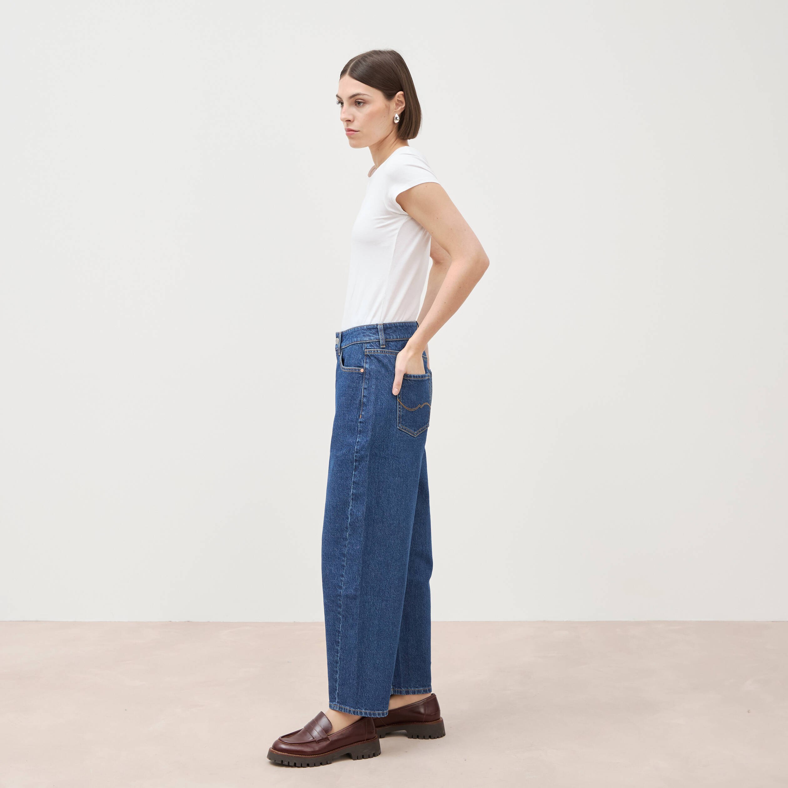 Jeans barrel taille haute 7/8&egrave;me denim brut femme