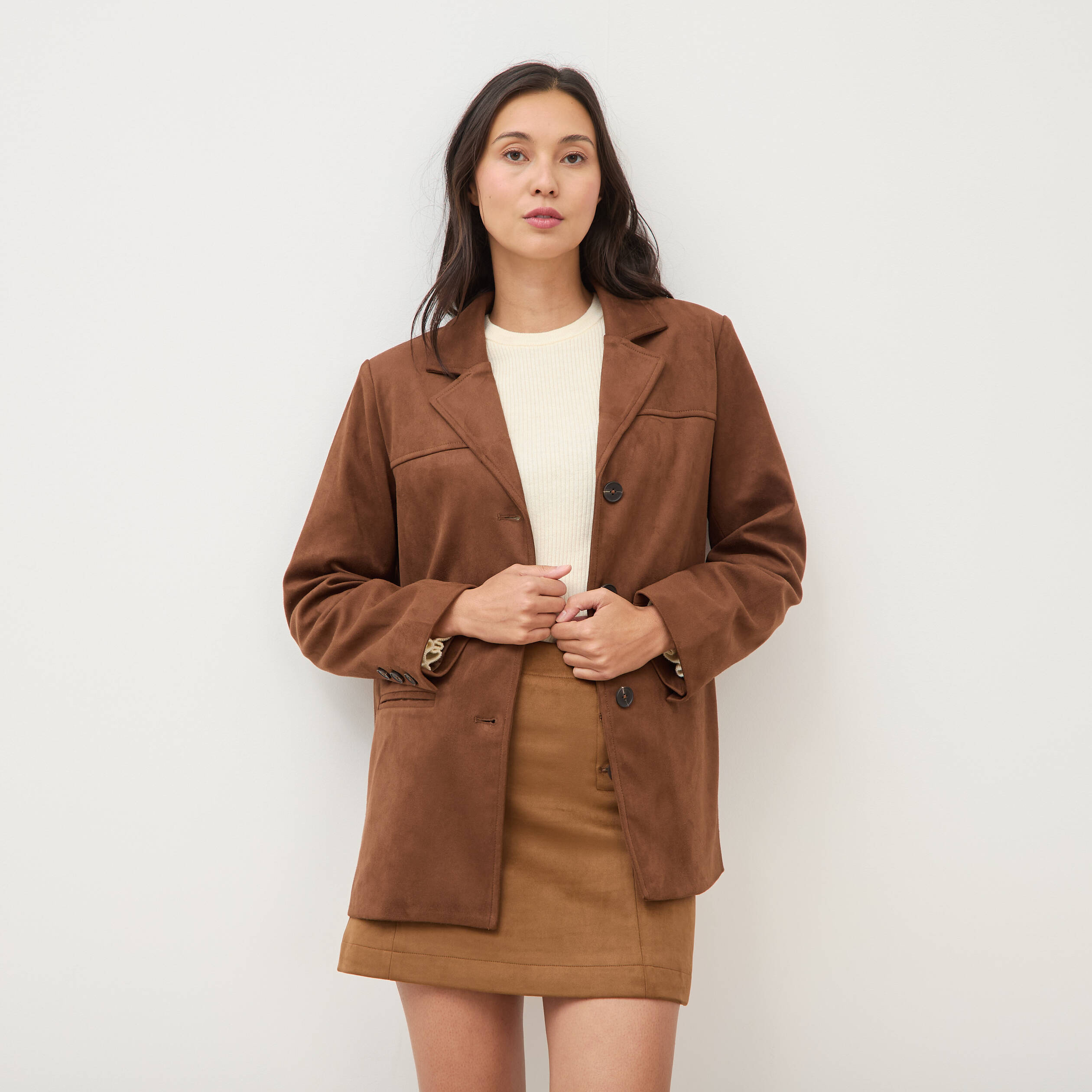 Blazer col tailleur manches longues marron fonc&eacute; femme