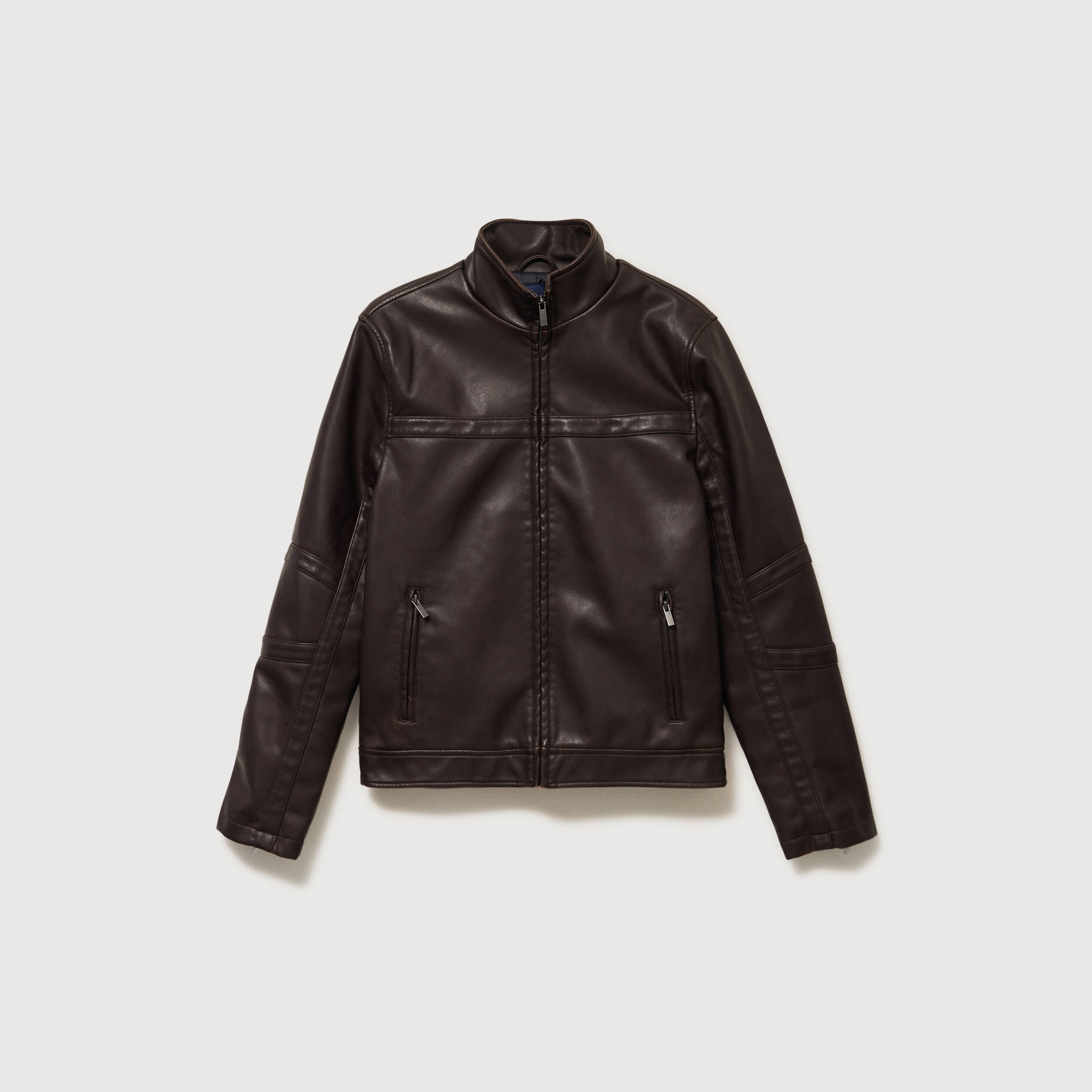 Blouson cintr&eacute; similicuir col montant marron fonc&eacute; homme