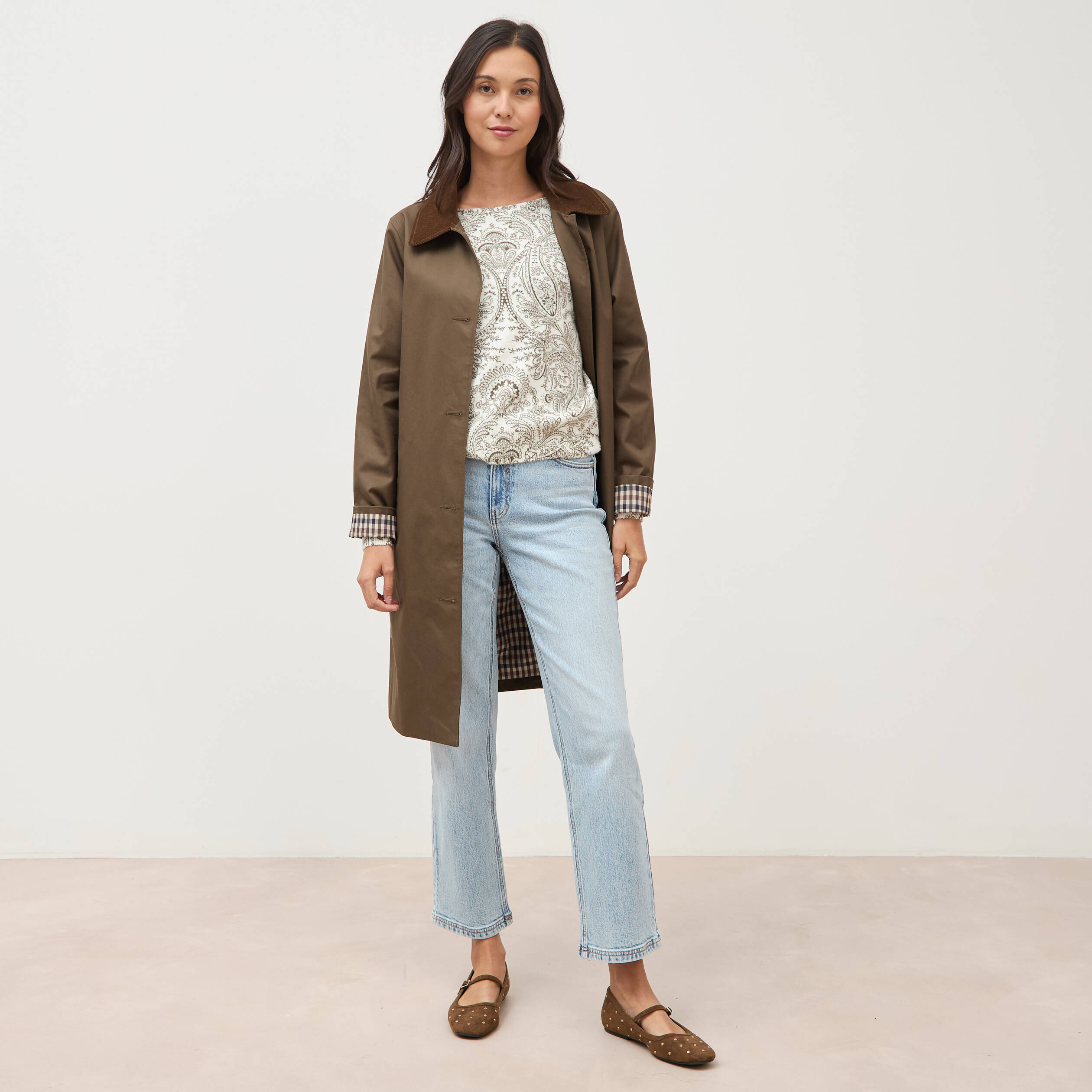 Pull manches longues col bateau vert kaki femme
