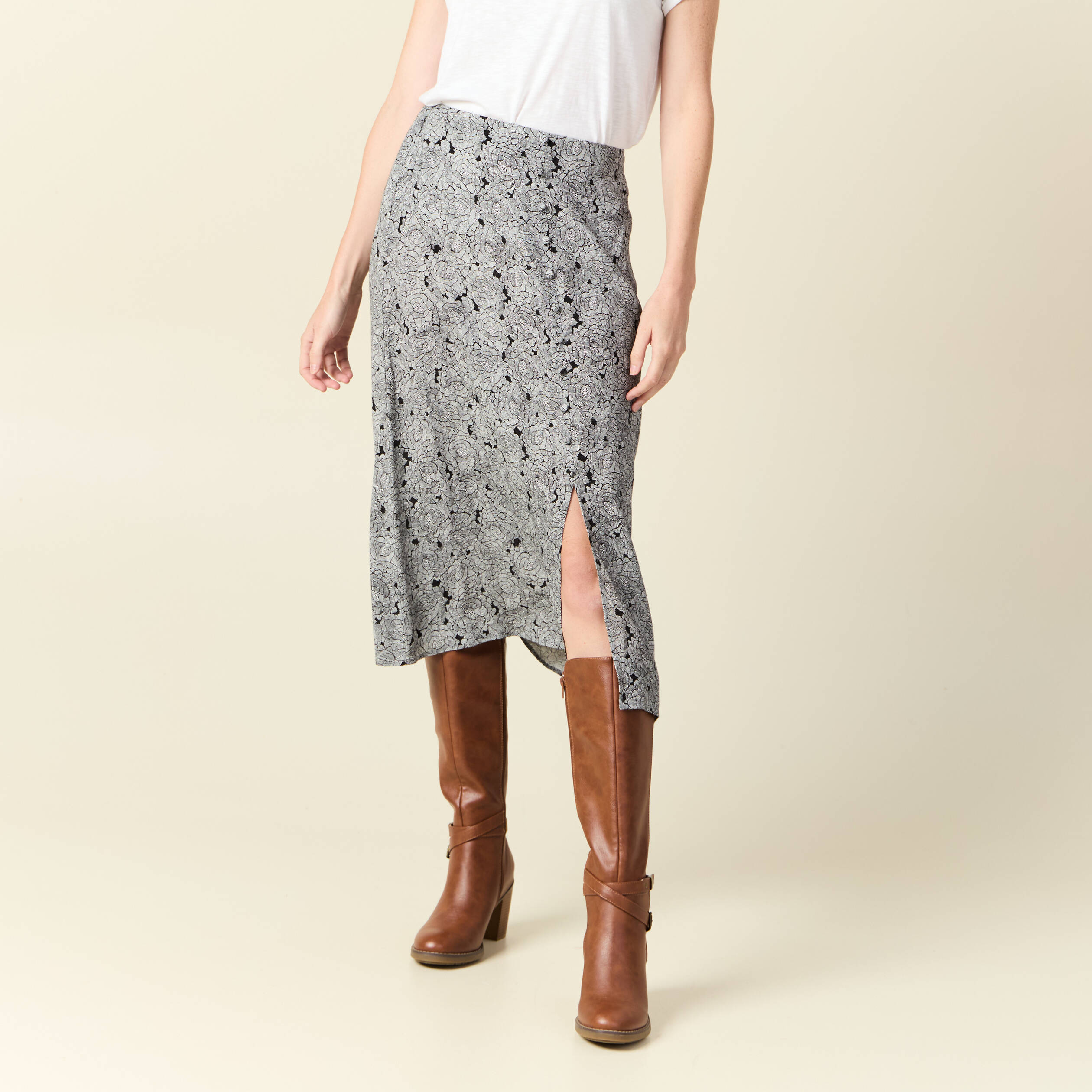 Jupe midi droite fendue noir femme