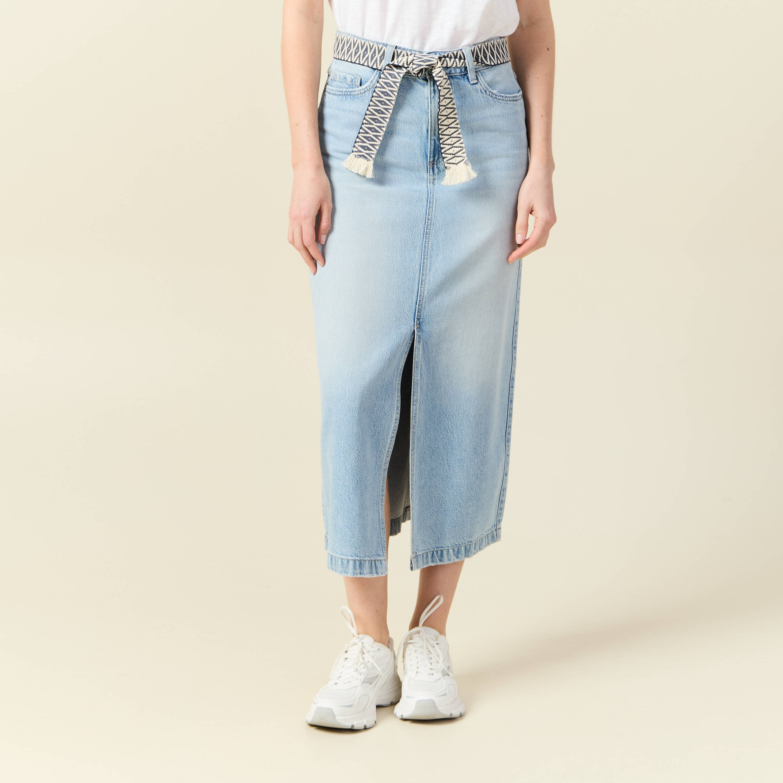 jupe longue droite en jean denim bleach femme Jupe longue droite en jean denim bleach femme