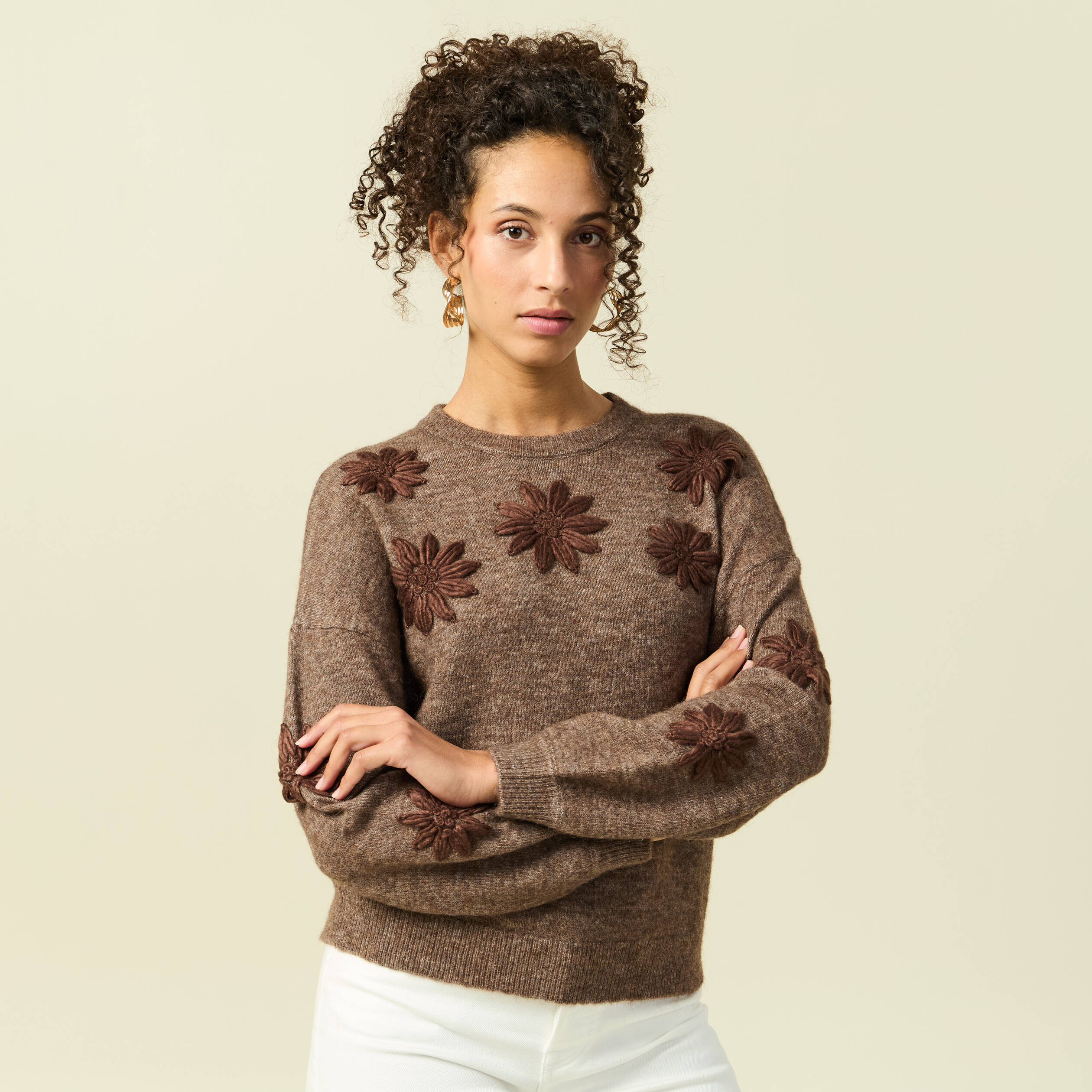 Pull manches longues col rond marron femme Vibs