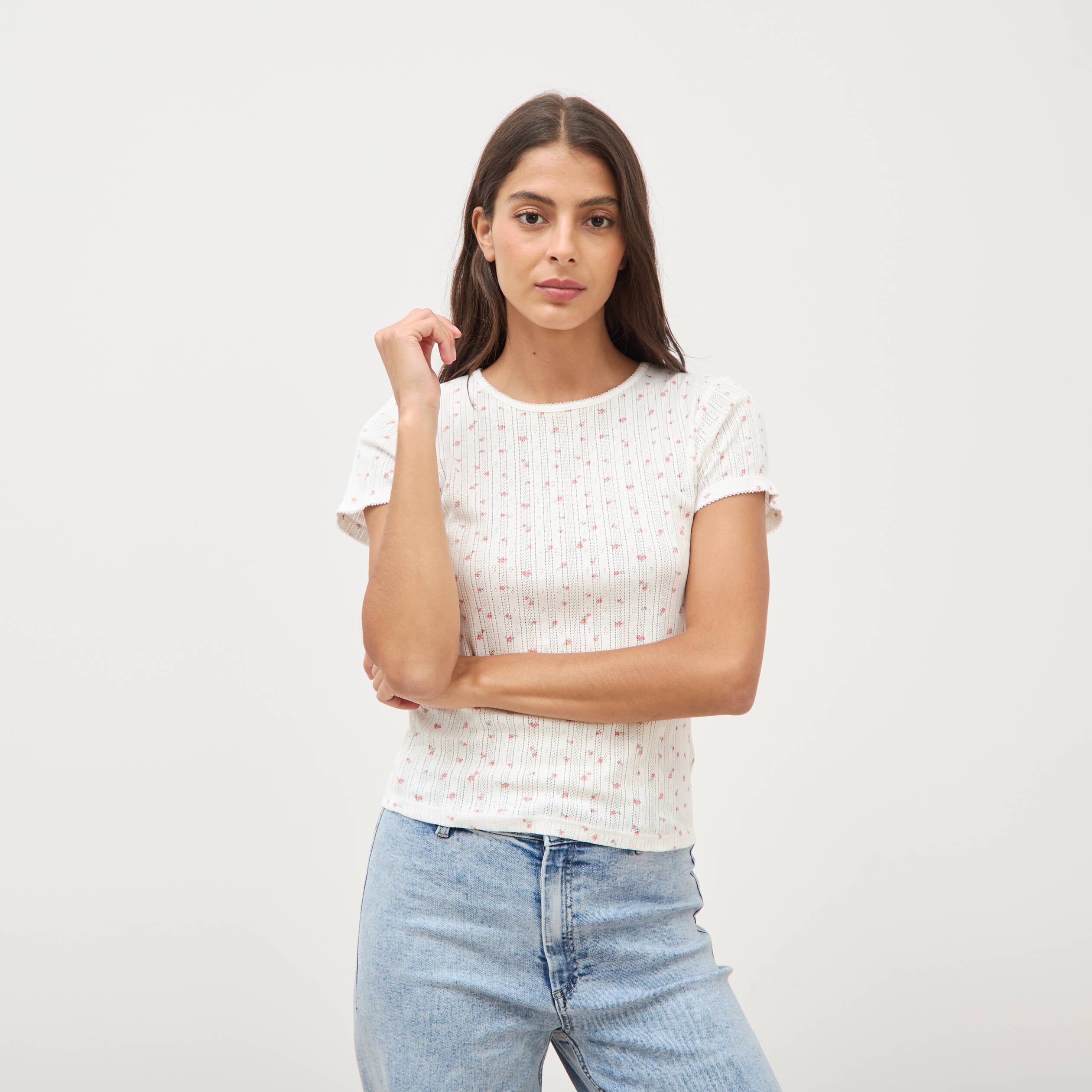 T-shirt ajust&eacute; col rond manches courtes ivoire femme