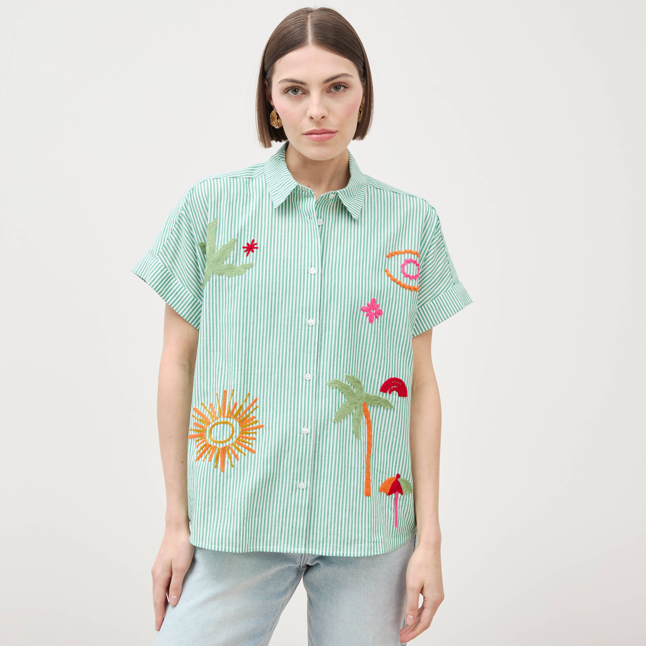Chemise ample en coton &agrave; broderie vert femme