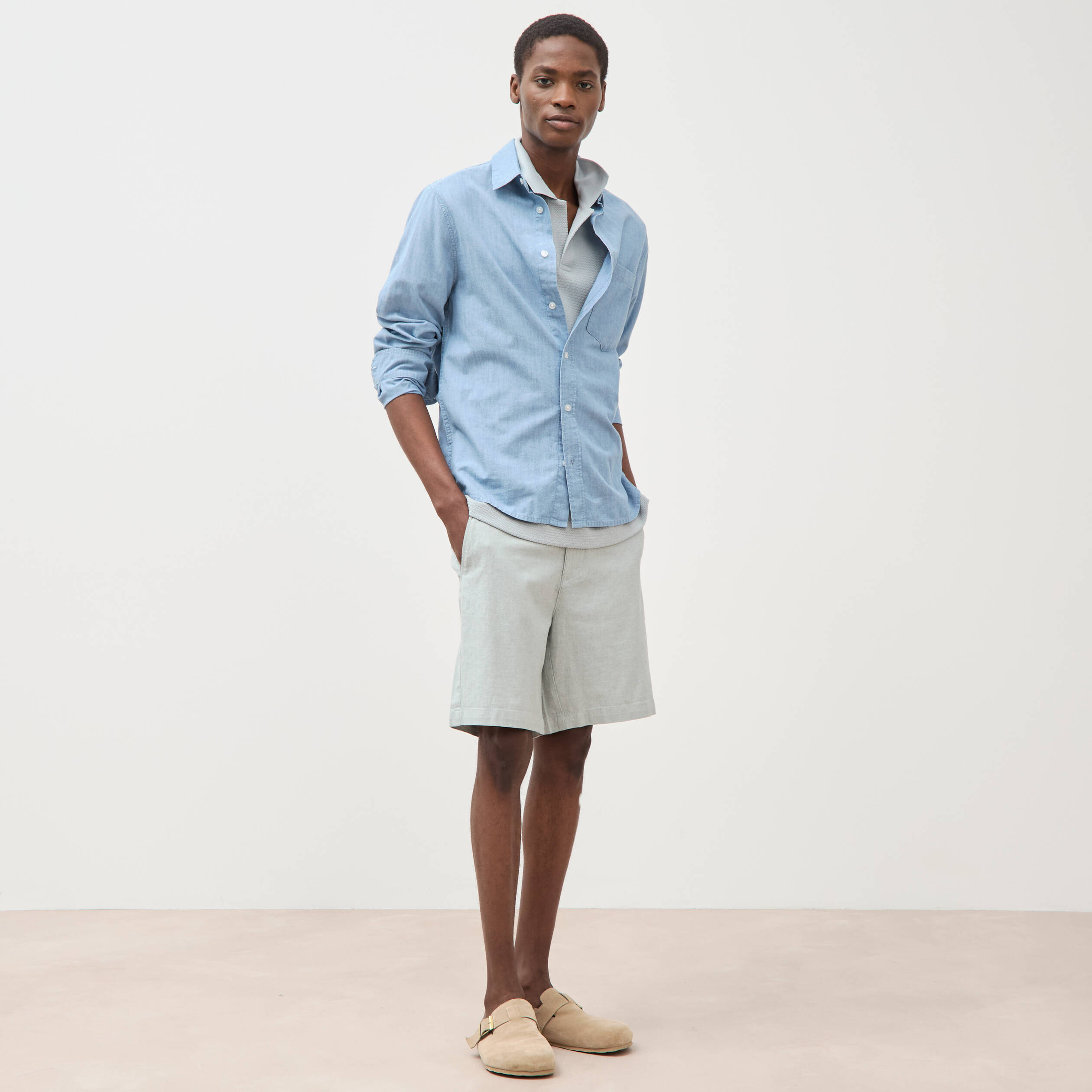 Polo manches courtes col cubain gris clair homme