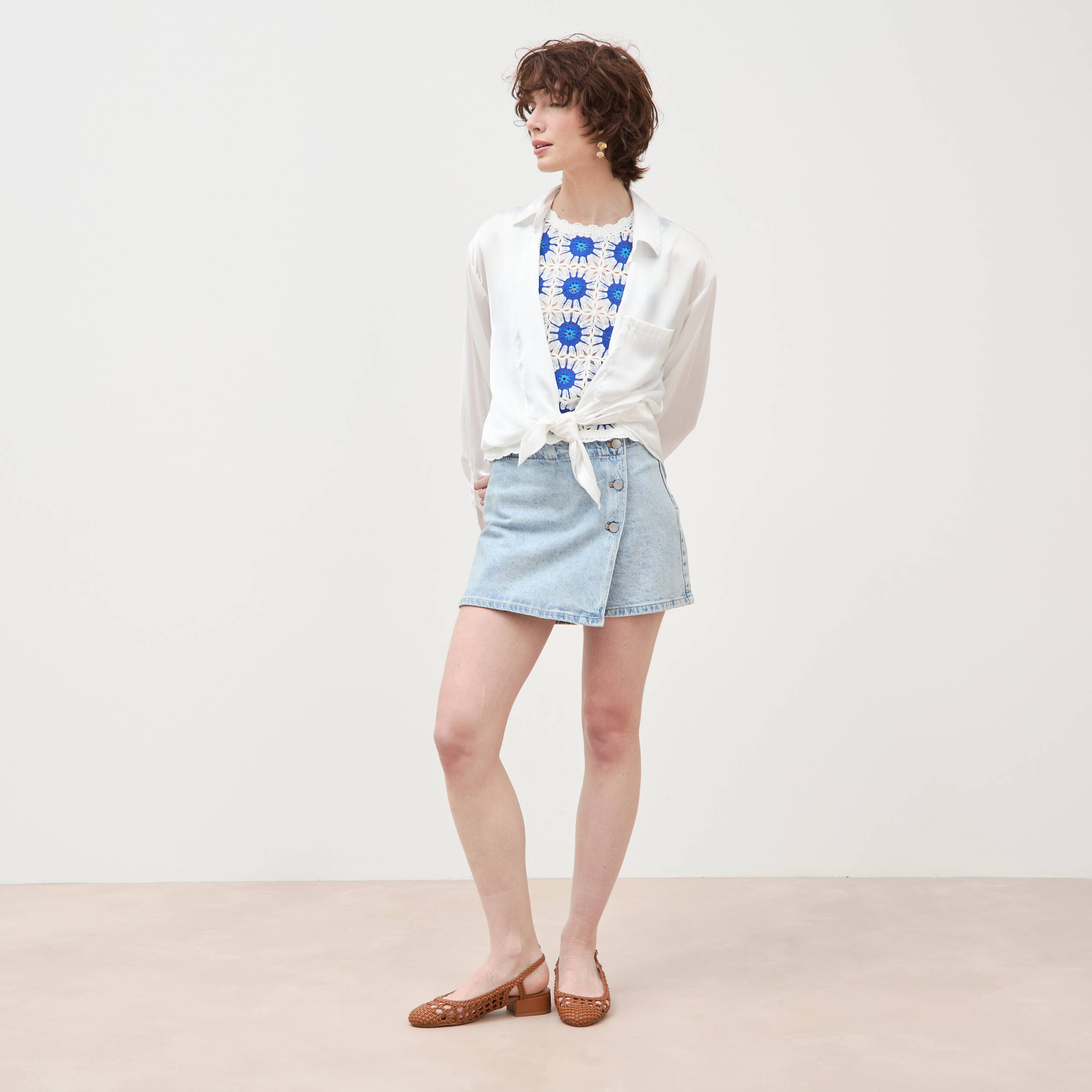 Jupe-short taille haute en jeans denim snow bleu femme
