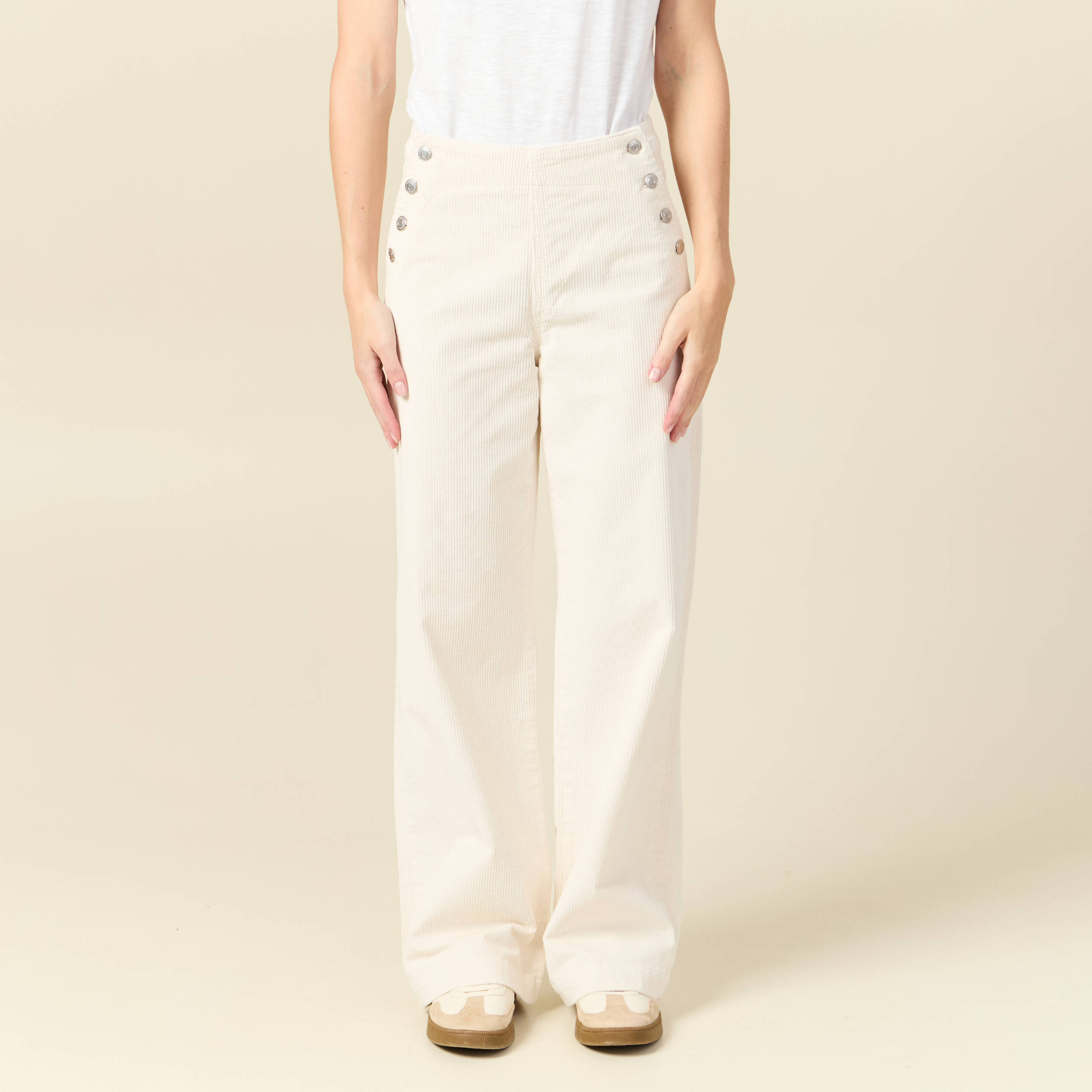 Pantalon large taille haute en velours ivoire femme