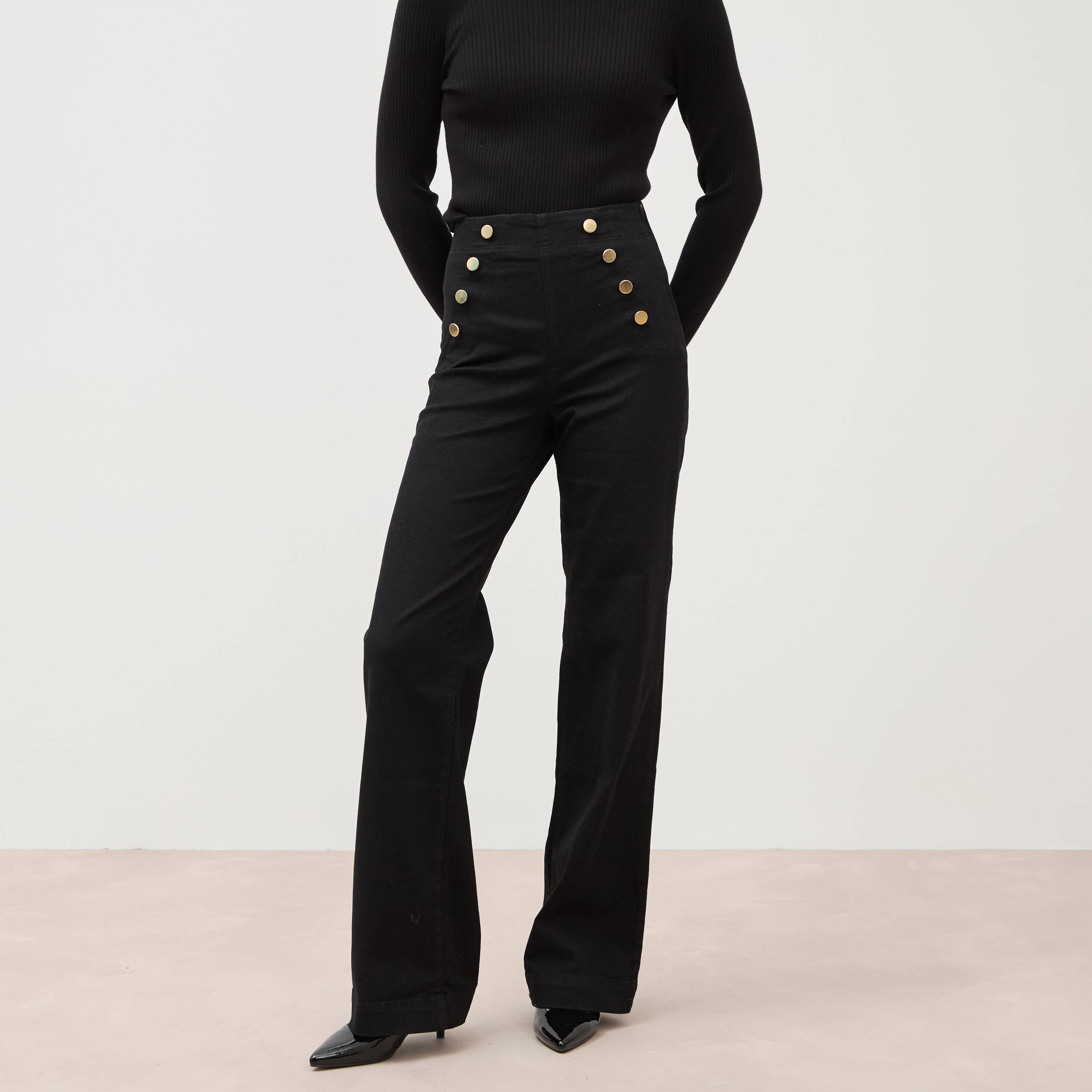 Jeans flare &agrave; pont denim noir femme