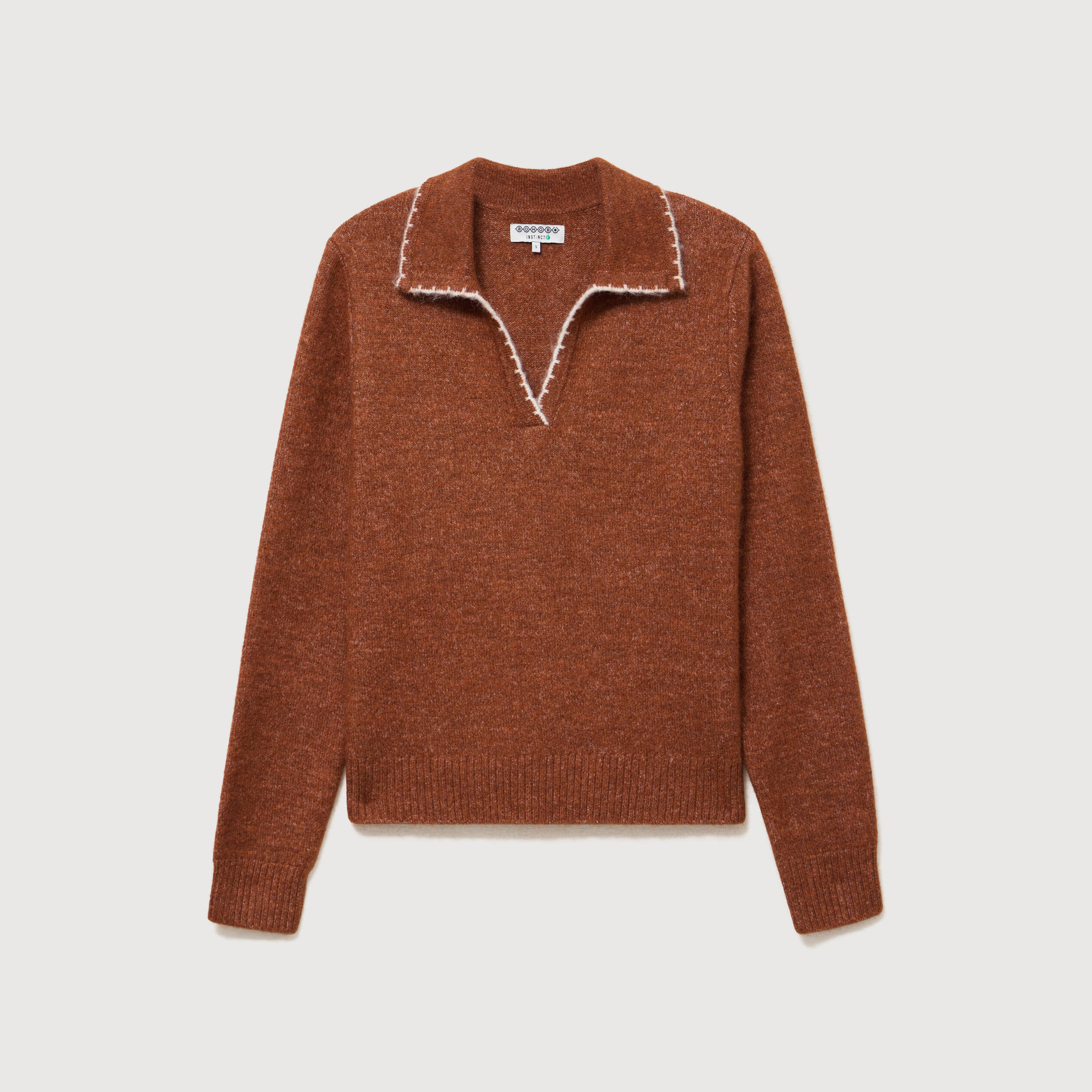 Pull droit col polo manches longues marron cognac femme