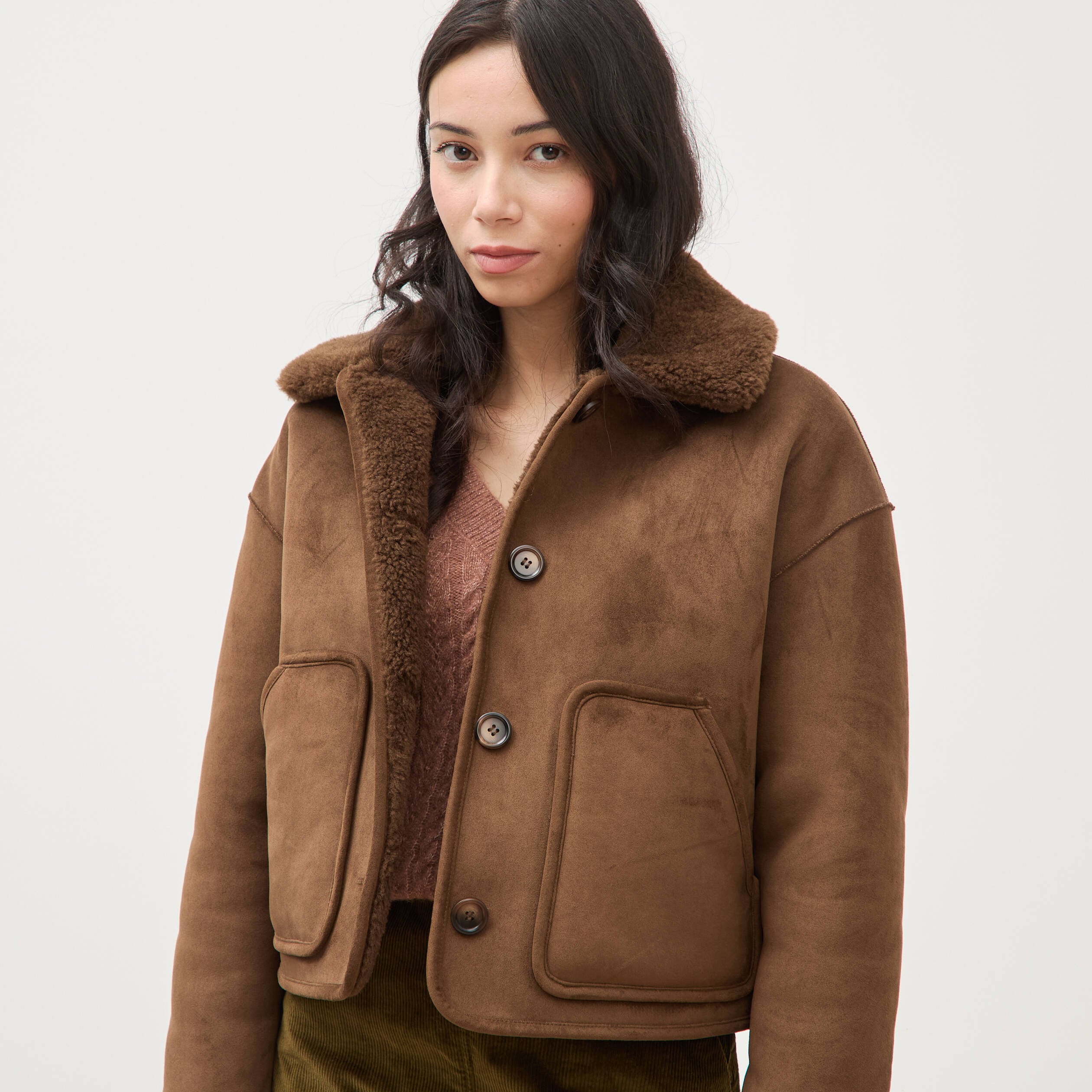 Manteau r&eacute;versible oversize court marron femme