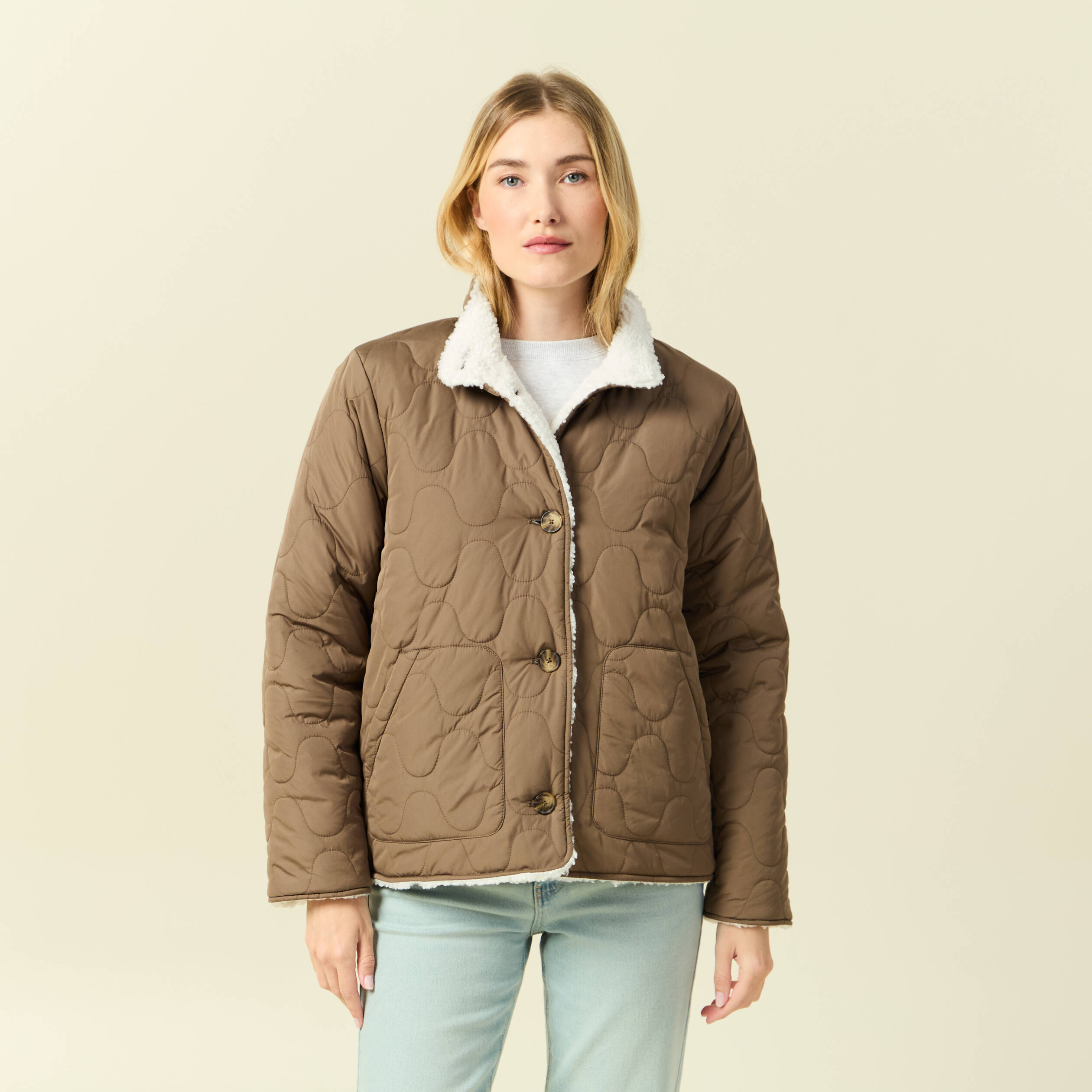 Parka courte droite effet polaire marron clair femme