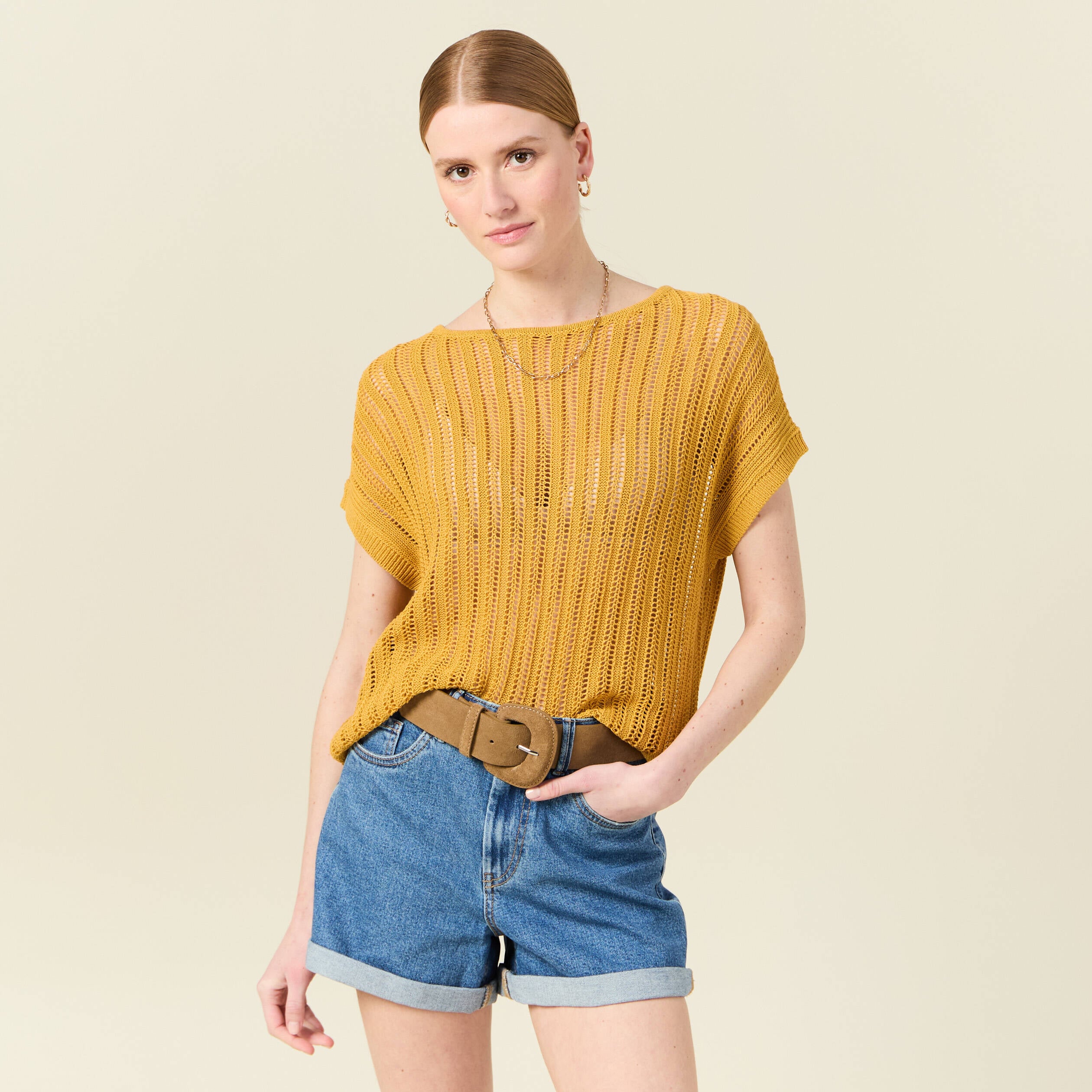 Pull oversize ajour&eacute; col bateau jaune femme
