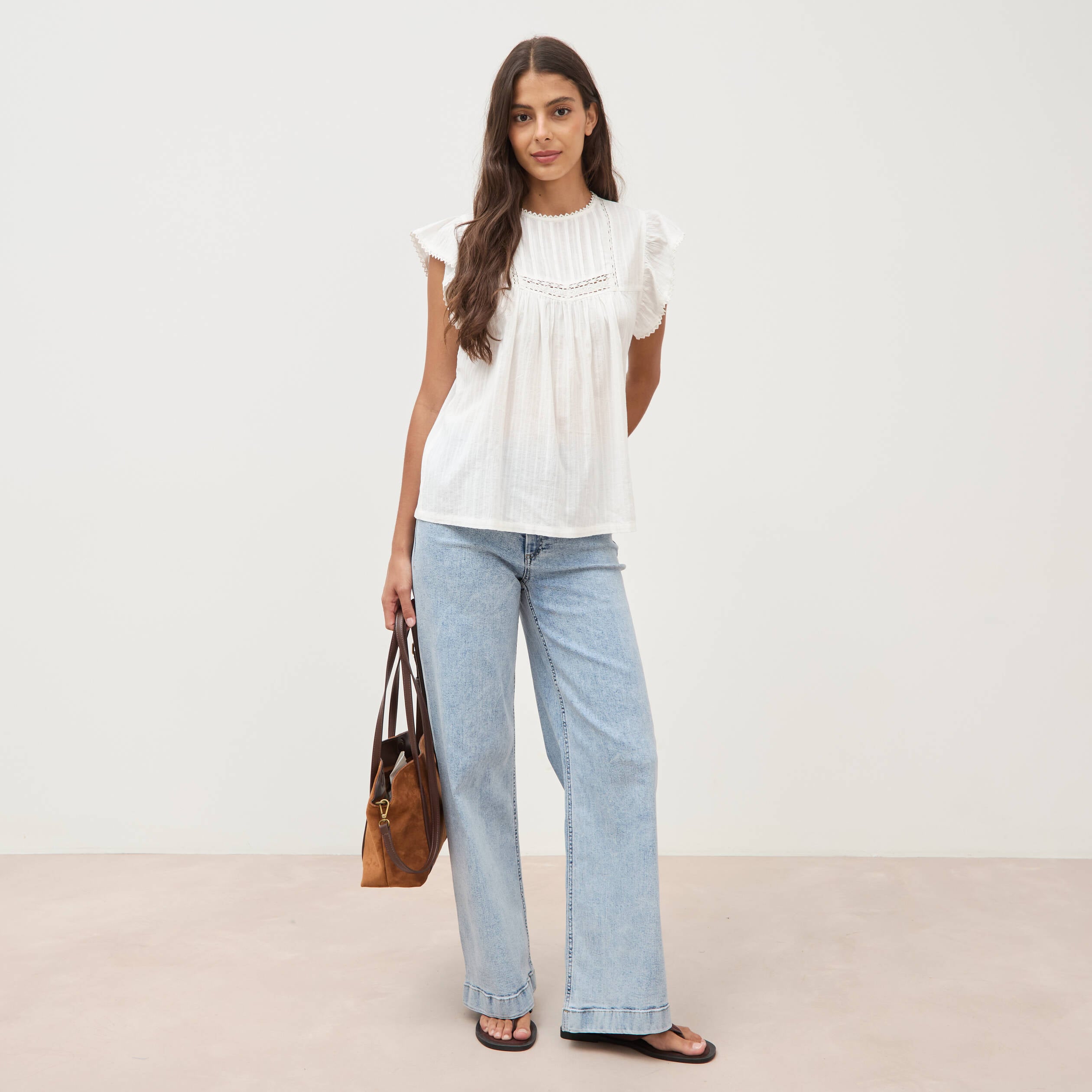 Top col rond manches courtes en coton ecru femme