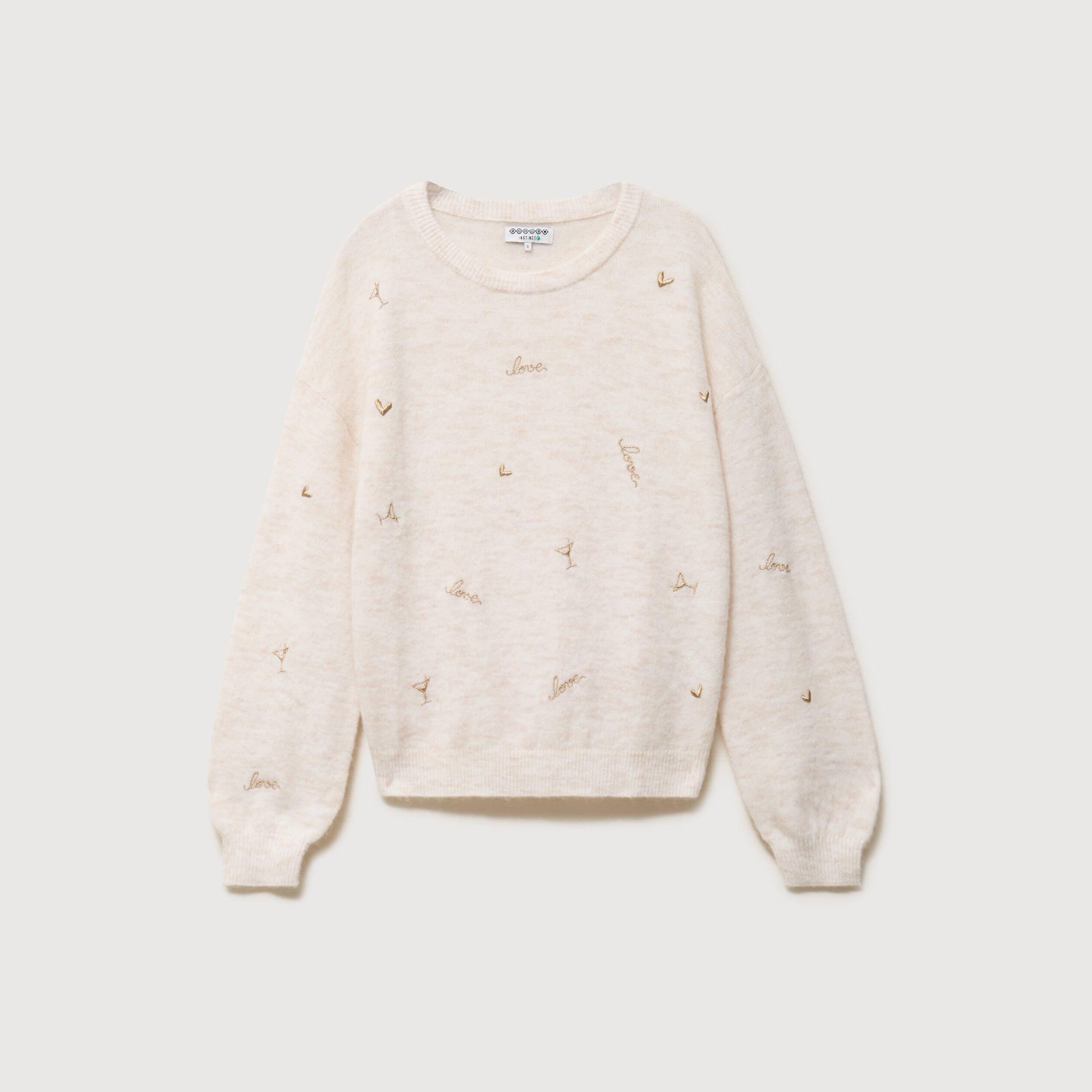 Pull droit brod&eacute; manches longues creme femme