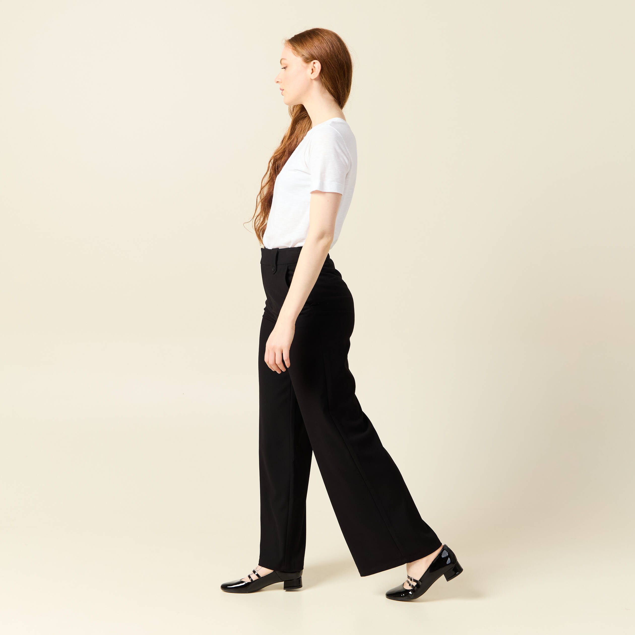 Pantalon large taille haute noir femme