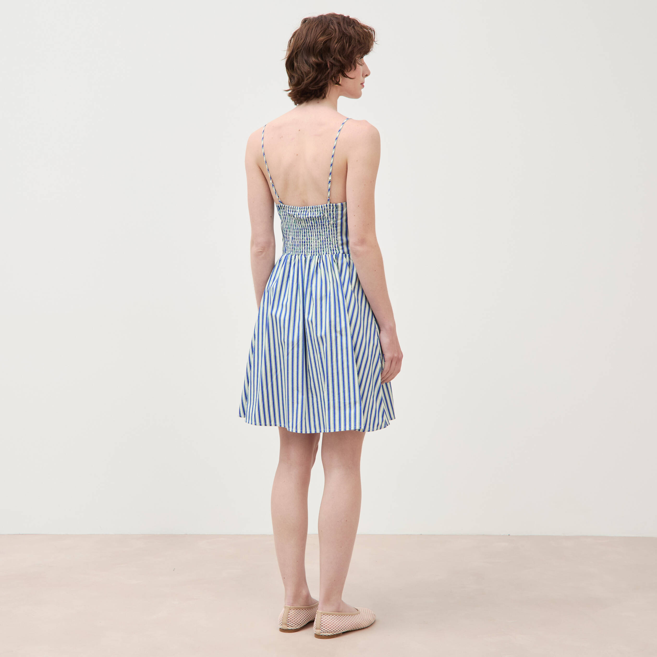 Robe bretelle col c&oelig;ur en coton bleu femme