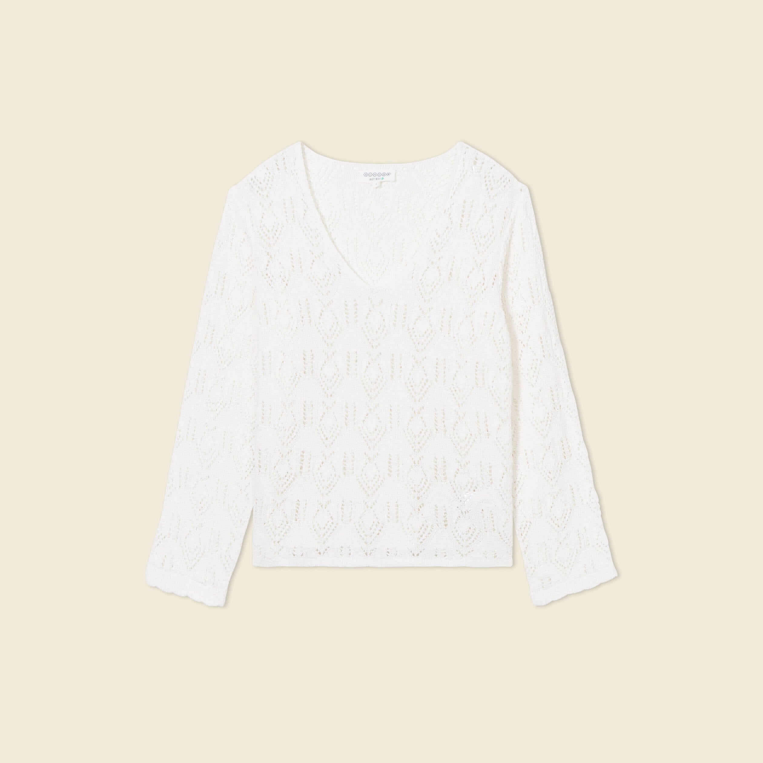 Pull ajour&eacute; col v manches longues ecru femme