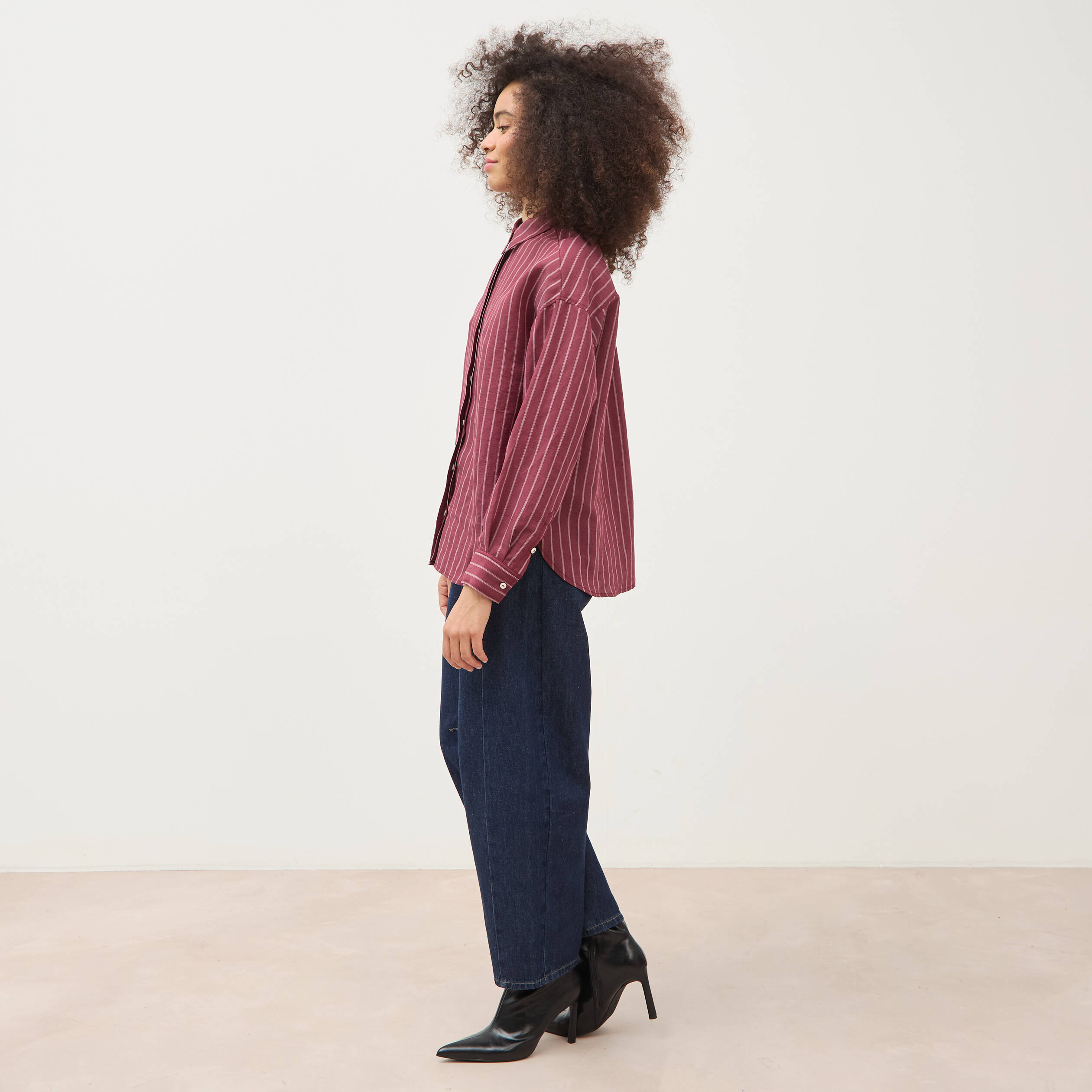 Chemise droite manches longues fluide bordeaux femme