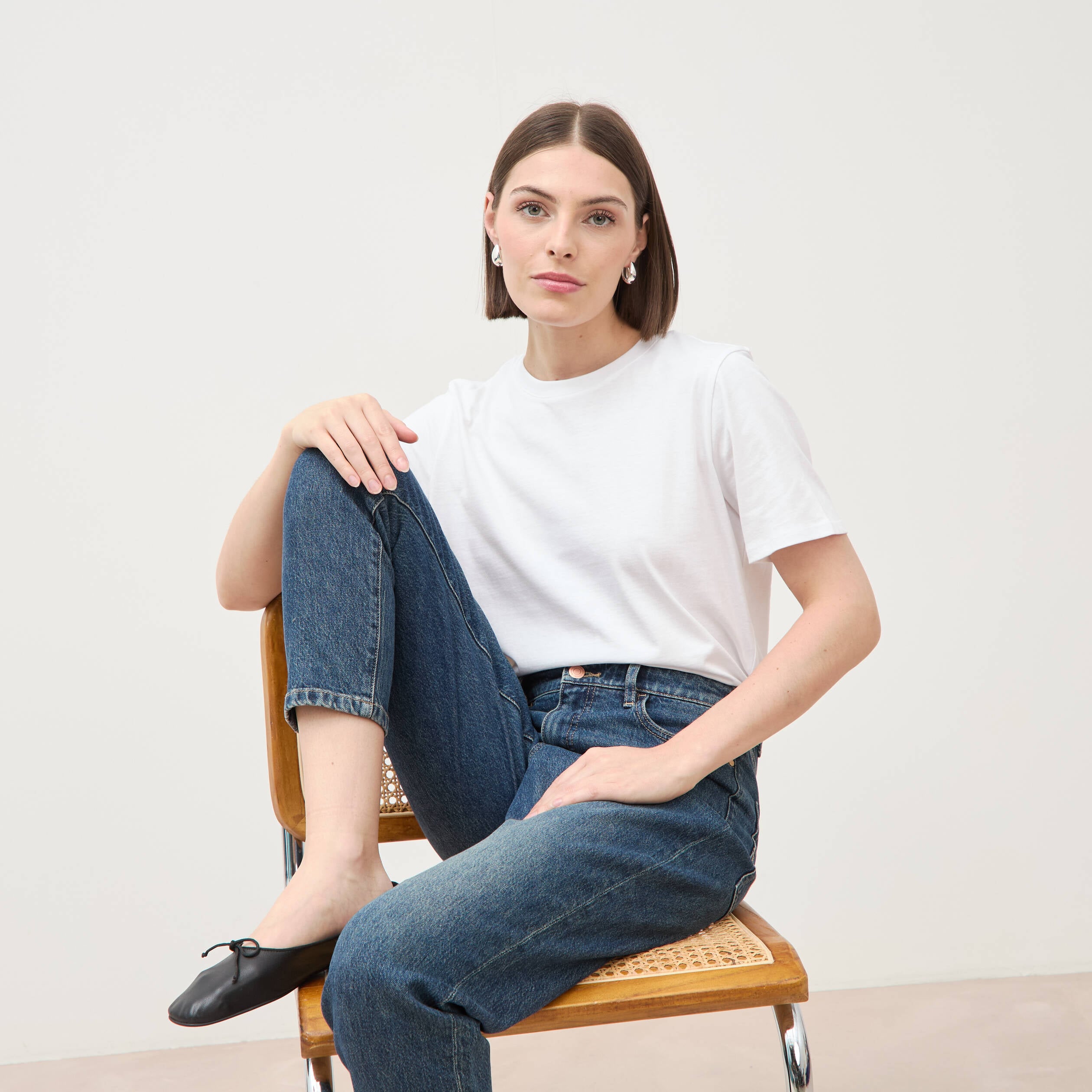 T-shirt droit col rond manches courtes blanc femme