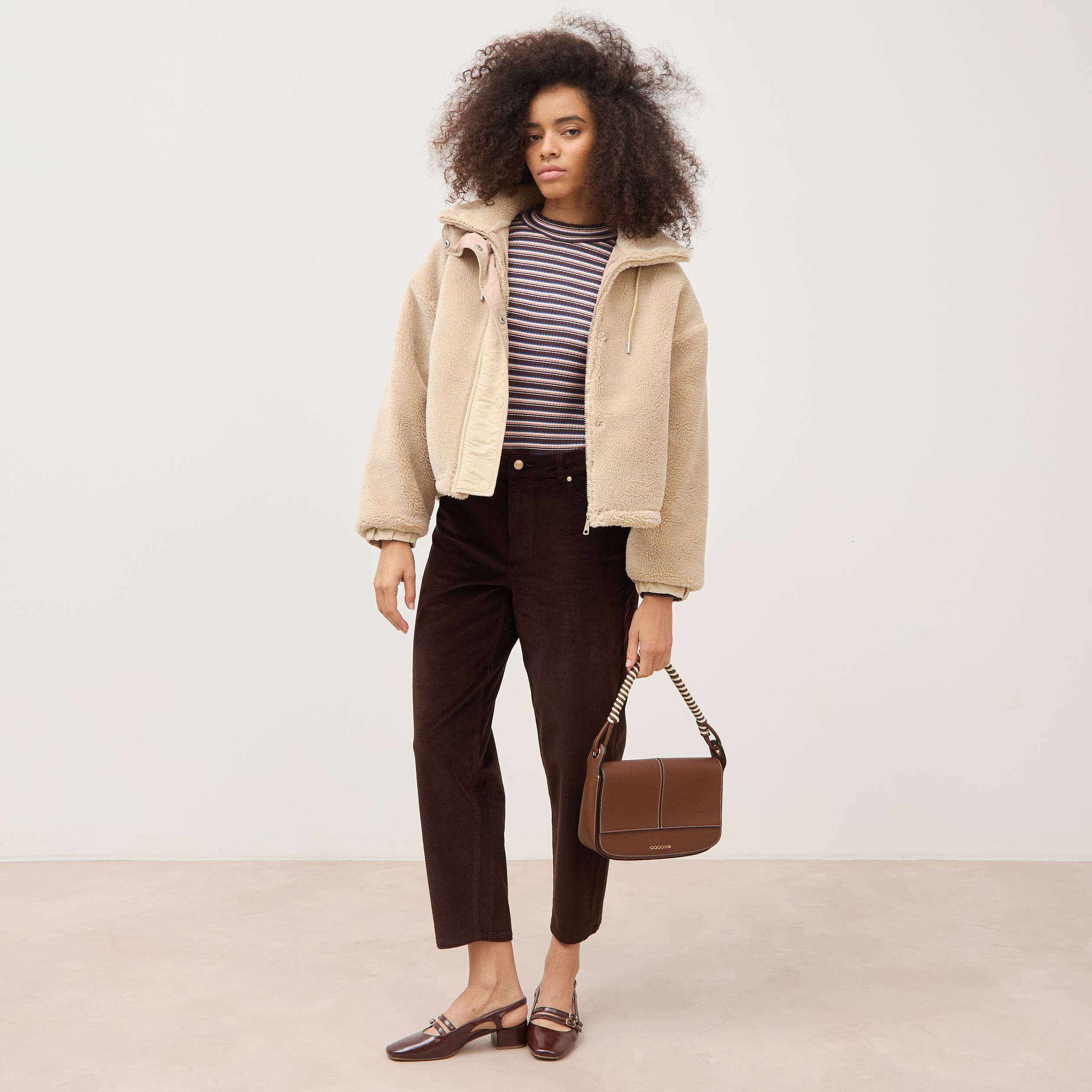 Body ray&eacute; col montant manches longues marron femme