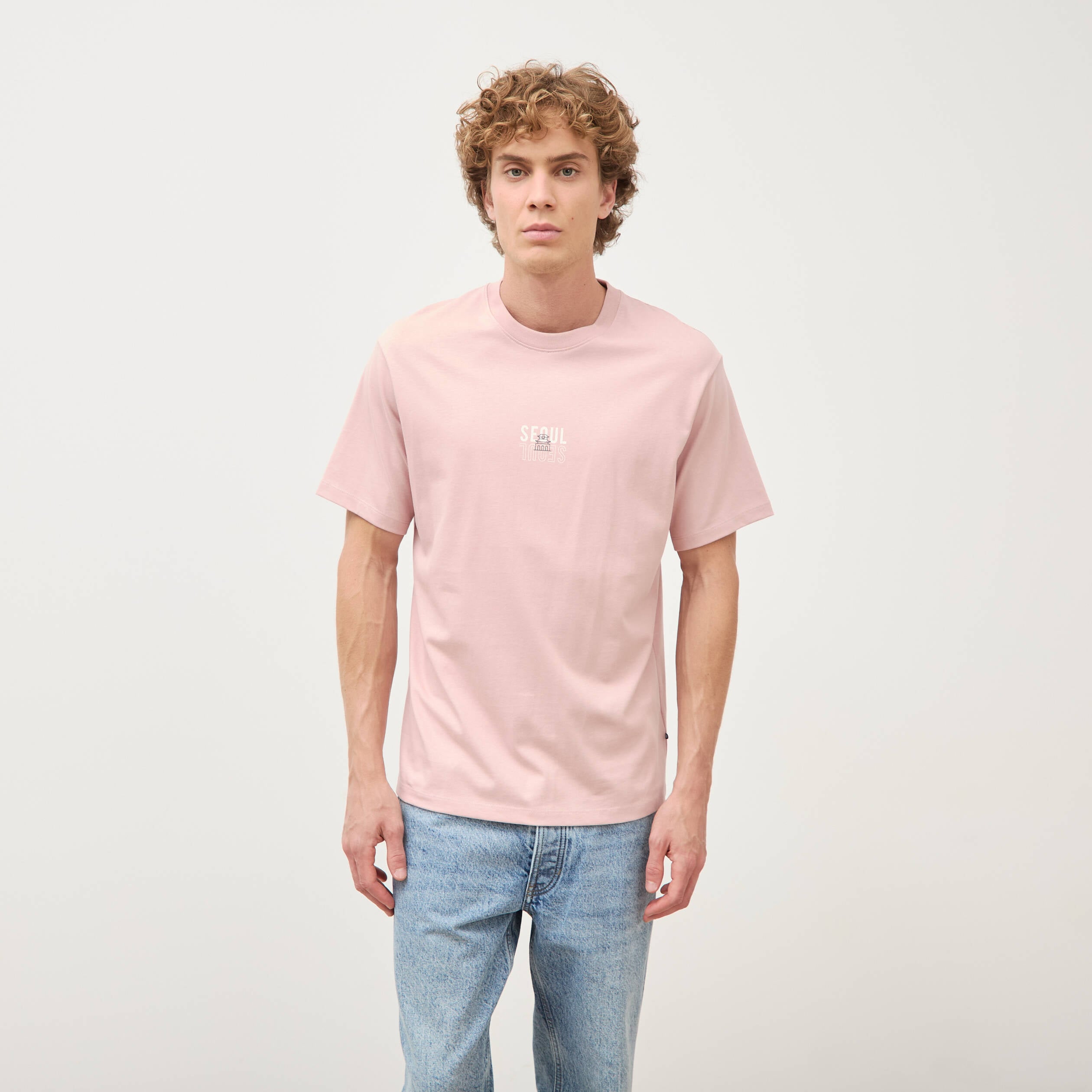 T-shirt droit en coton col ras du cou rose pastel homme