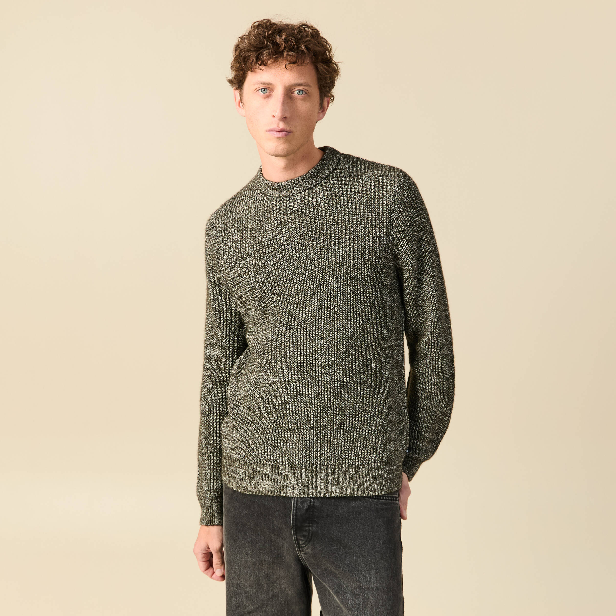 Pull manches longues col rond vert kaki homme