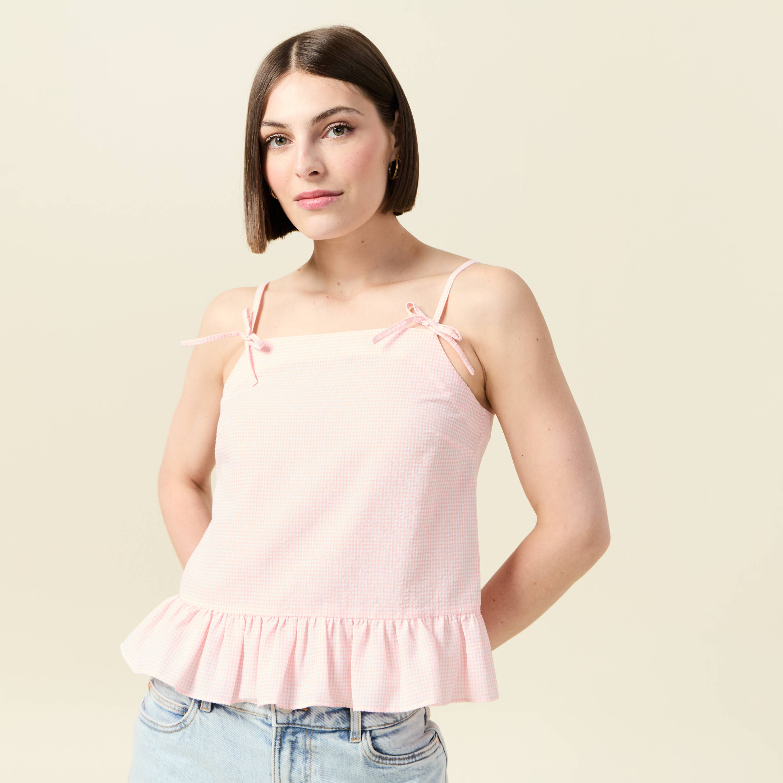 D&eacute;bardeur droit court col carr&eacute; rose clair femme