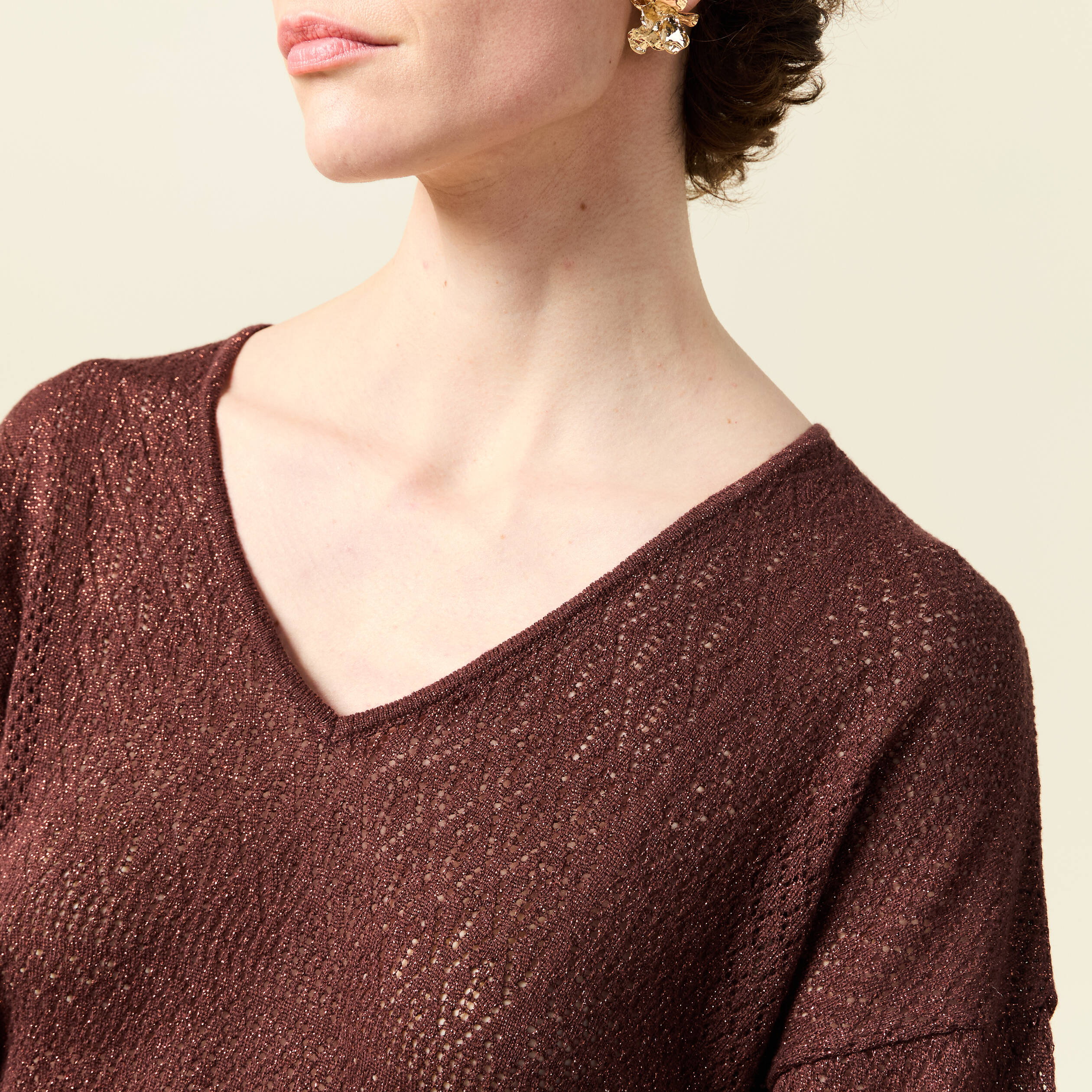 Pull manches longues ajour&eacute; bordeaux femme