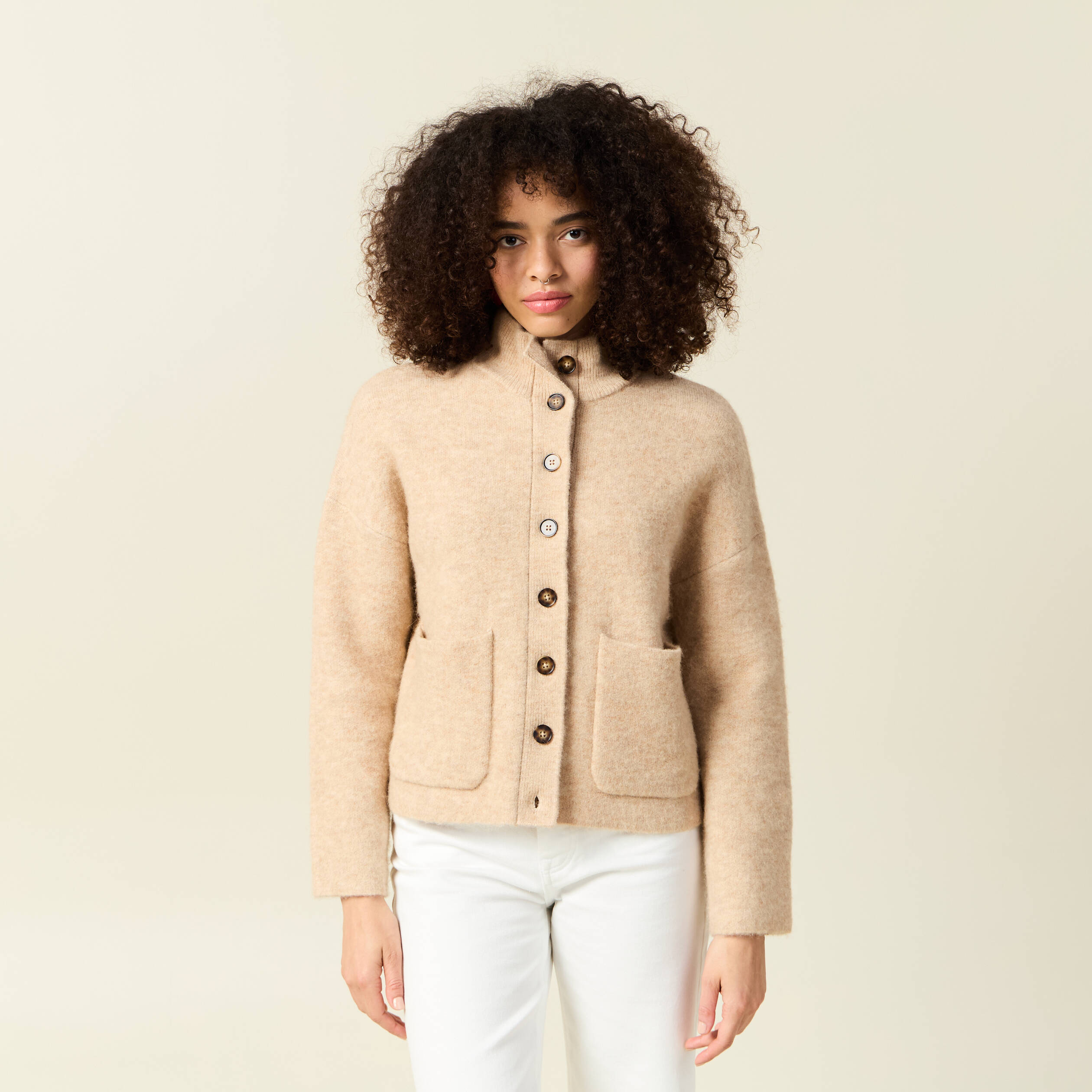 Veste manches longues col V creme femme