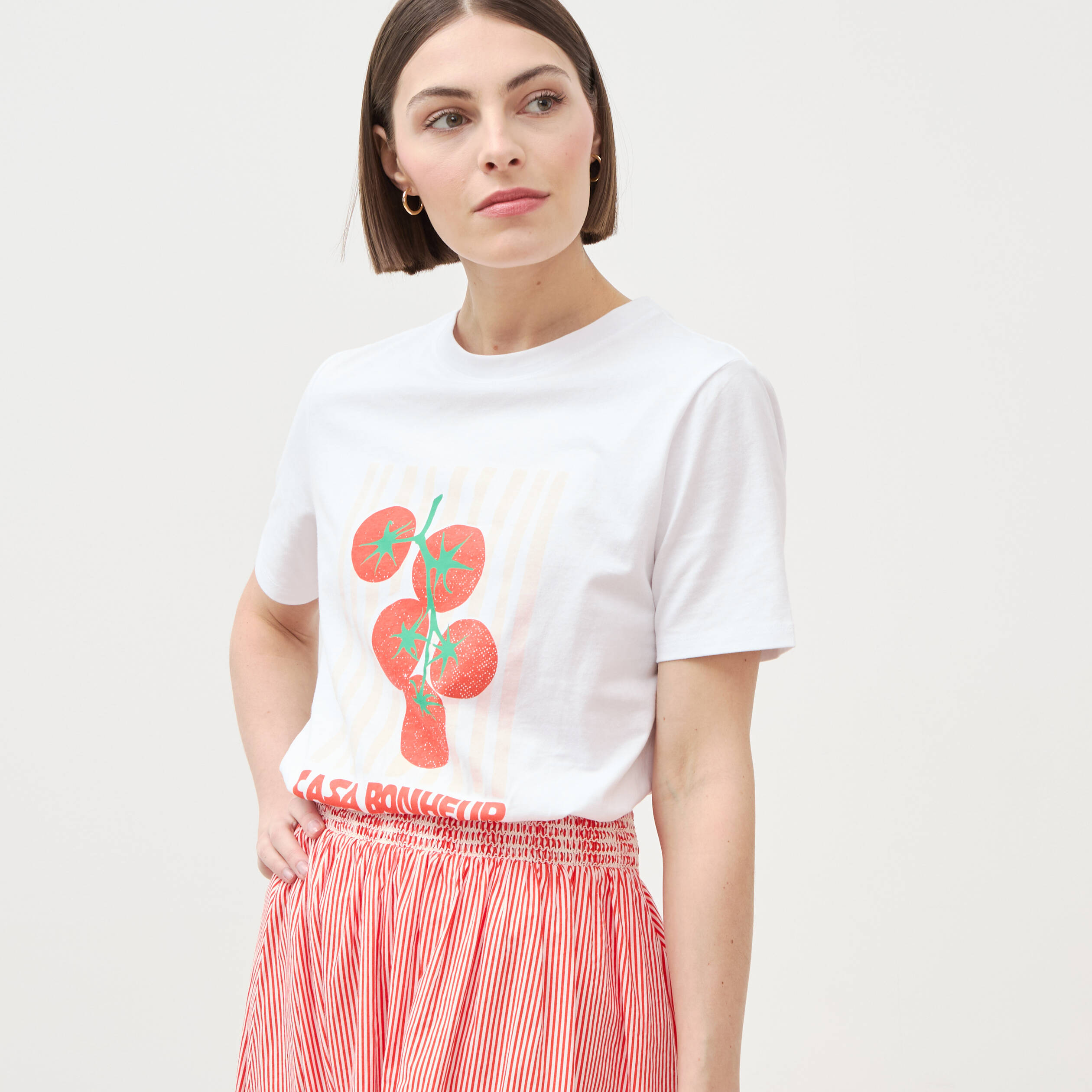 T-shirt &agrave; motif en coton manches courtes blanc femme