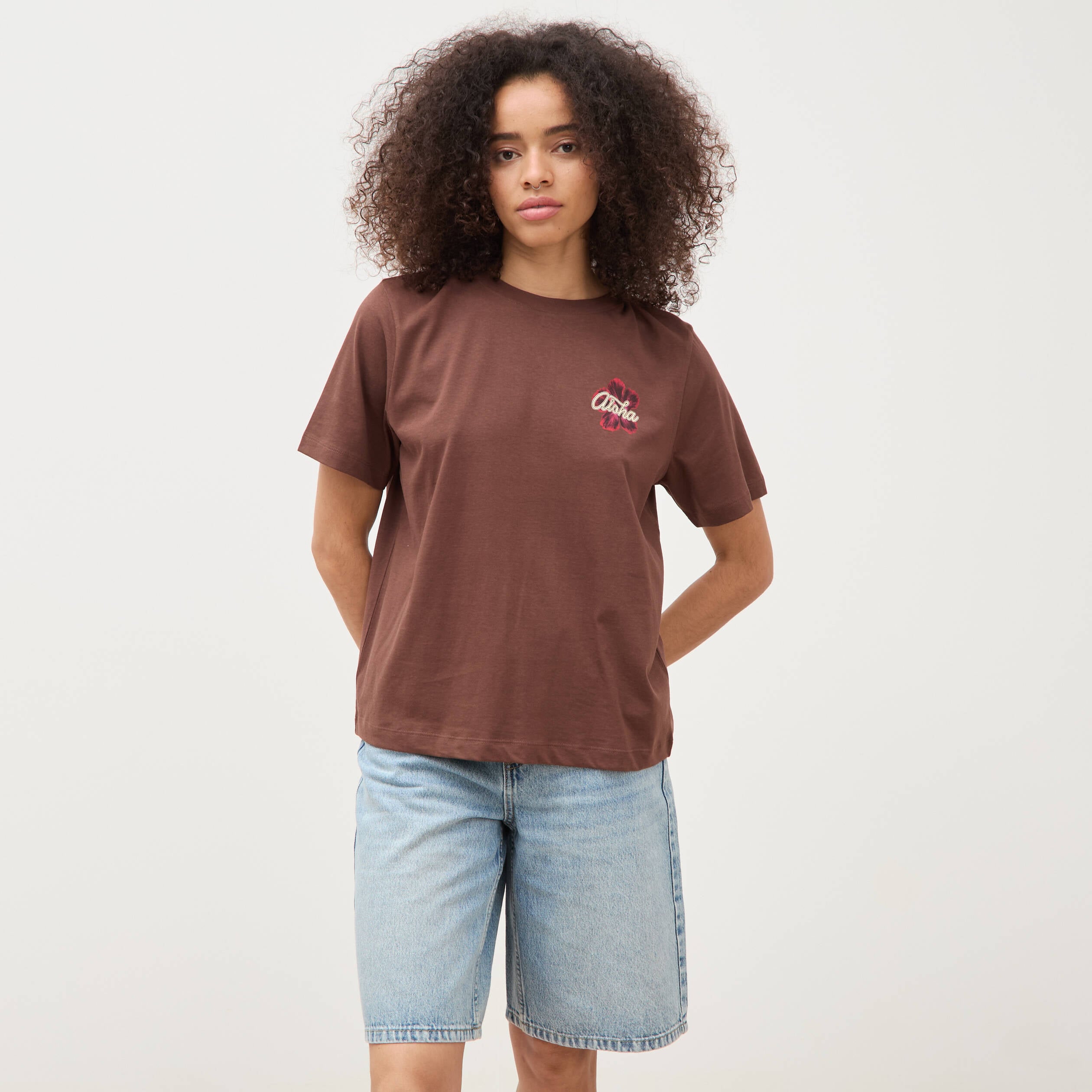 T-shirt droit en coton manches courtes marron cognac femme