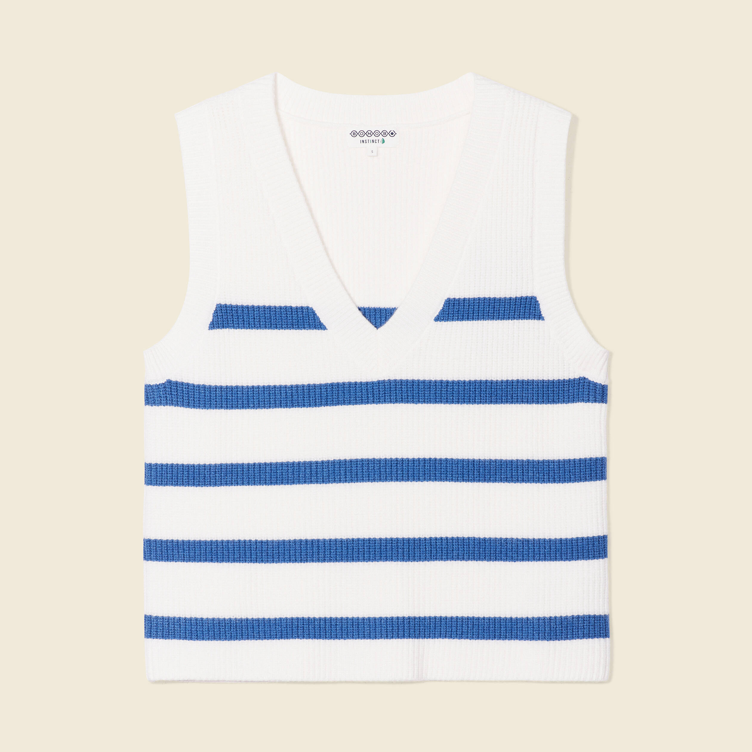 Pull droit court sans manches col v ecru femme