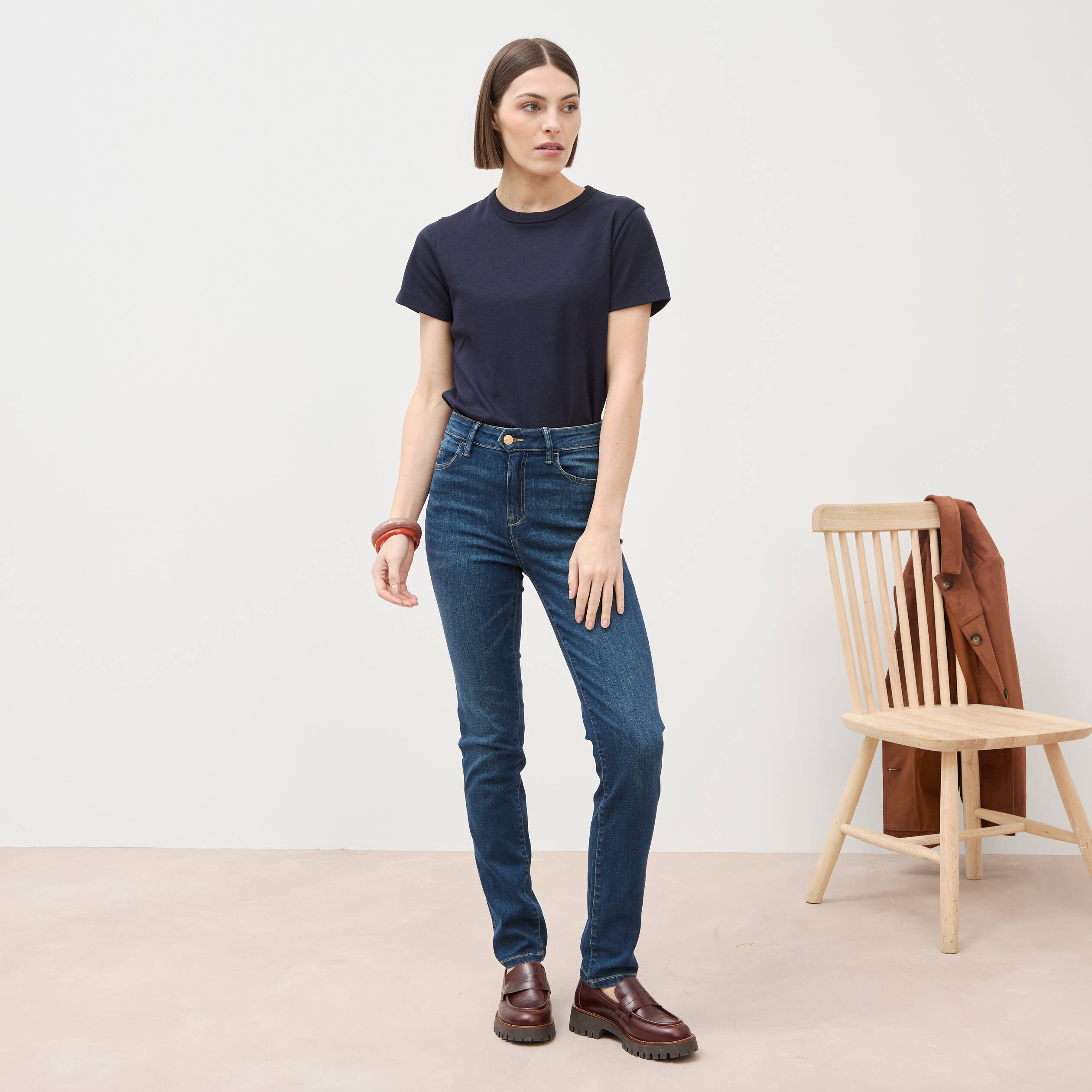 Jeans slim taille haute denim brut femme