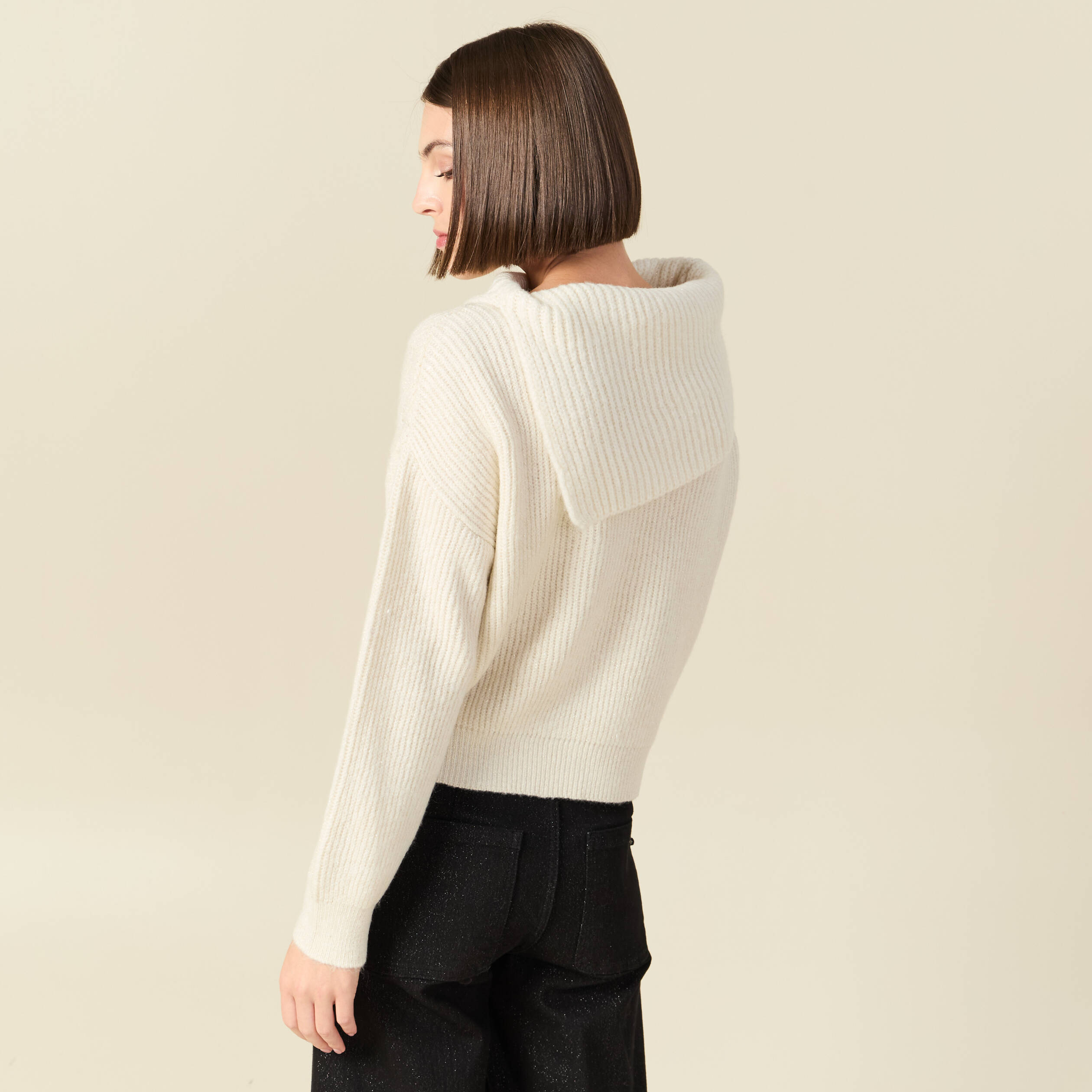 Pull ajour&eacute; manches longues bardot ecru femme