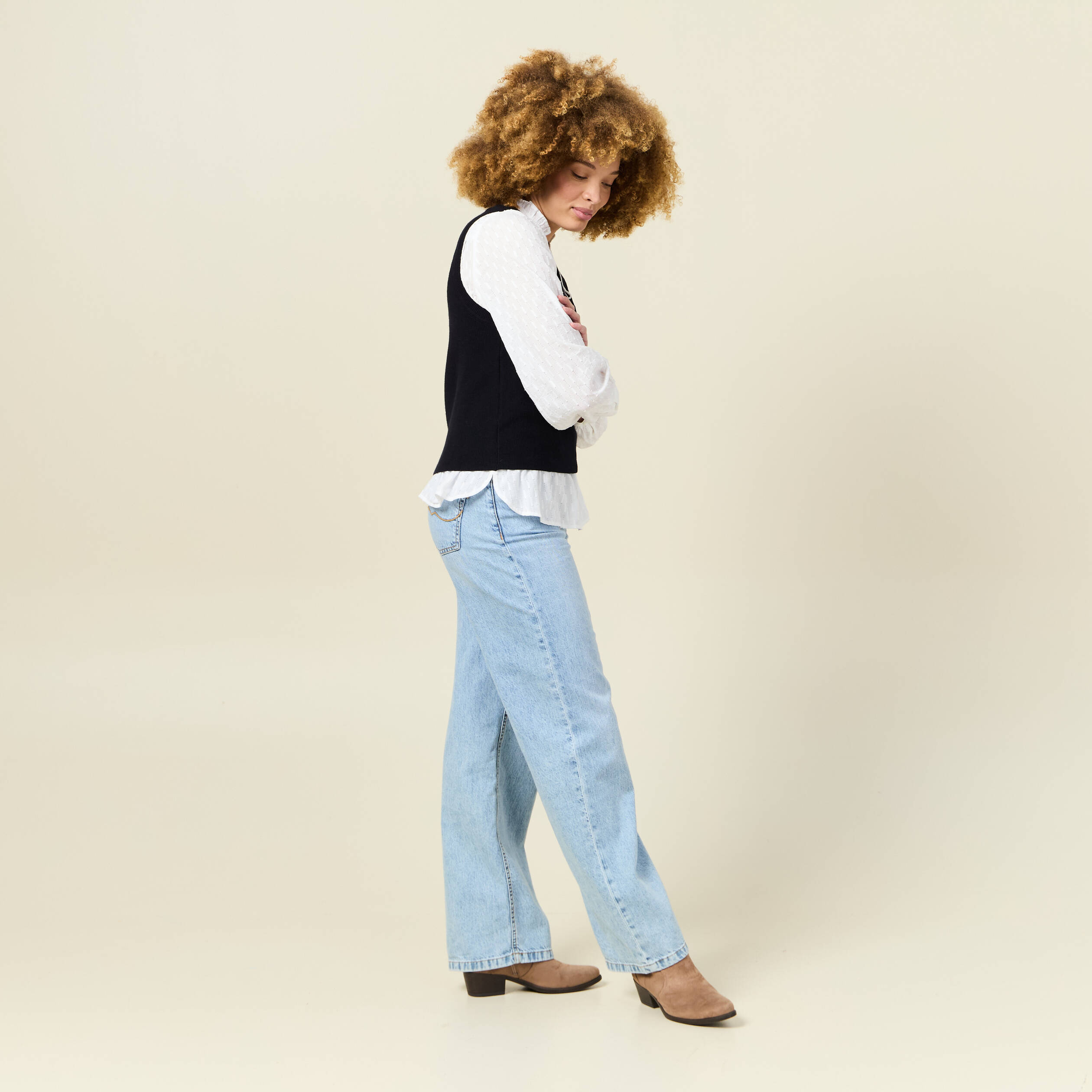 Pull sans manches col en V bleu marine femme